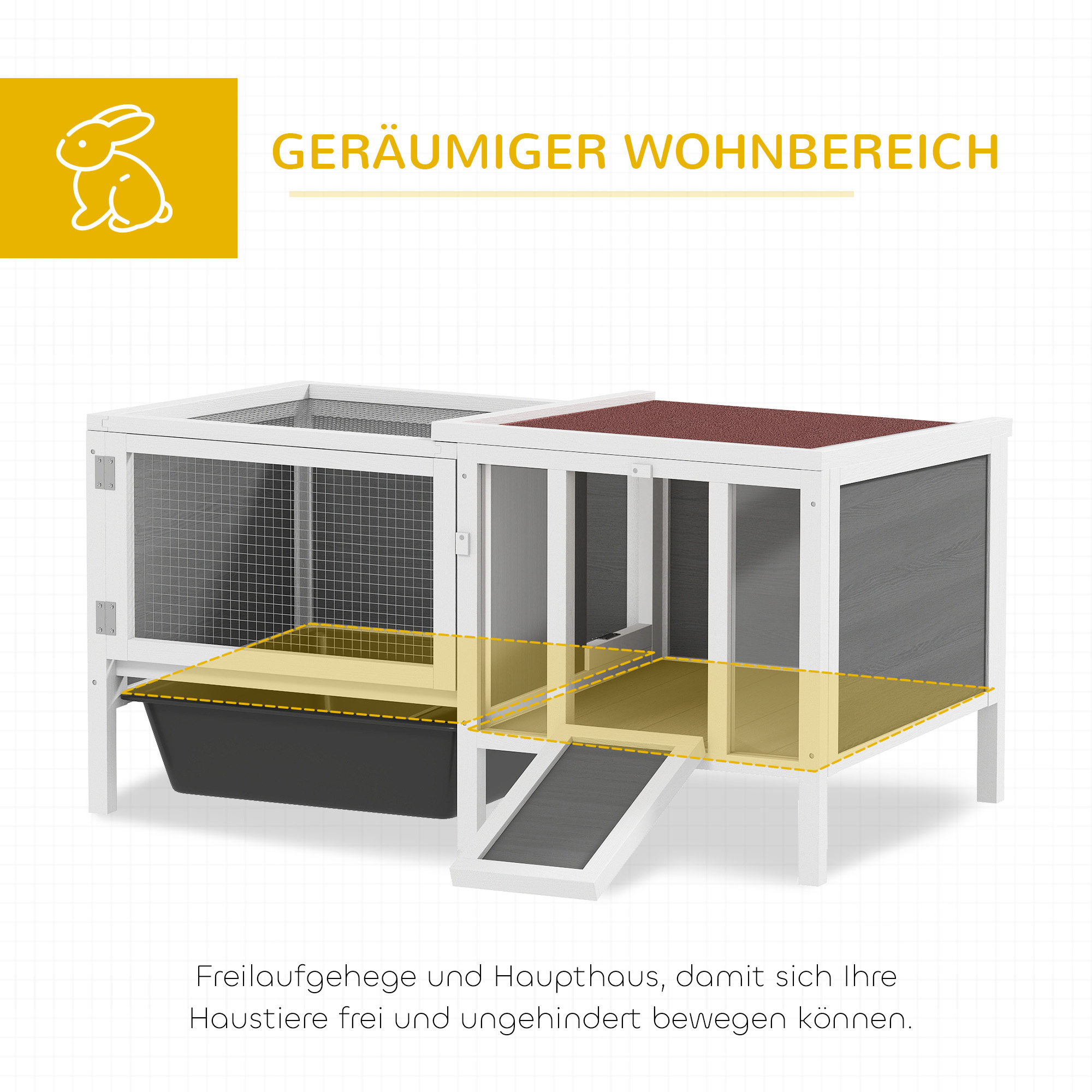 Hasenstall Kaninchenstall aus Holz mit Freilaufgehege, Rampe, 3 Eingängen, Ausziehschale, 105 x 57,5 x 51,5 cm Grau
