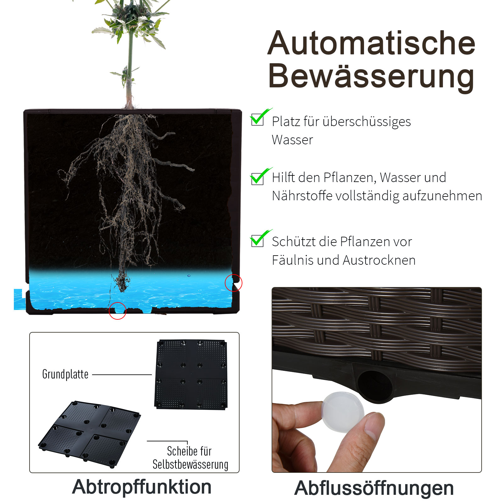 Hochbeet, Pflanzkasten mit Abflusslöchern, Blumenkasten im Rattan-Look, Kunststoff, Braun, 40 x 40 x 44 cm