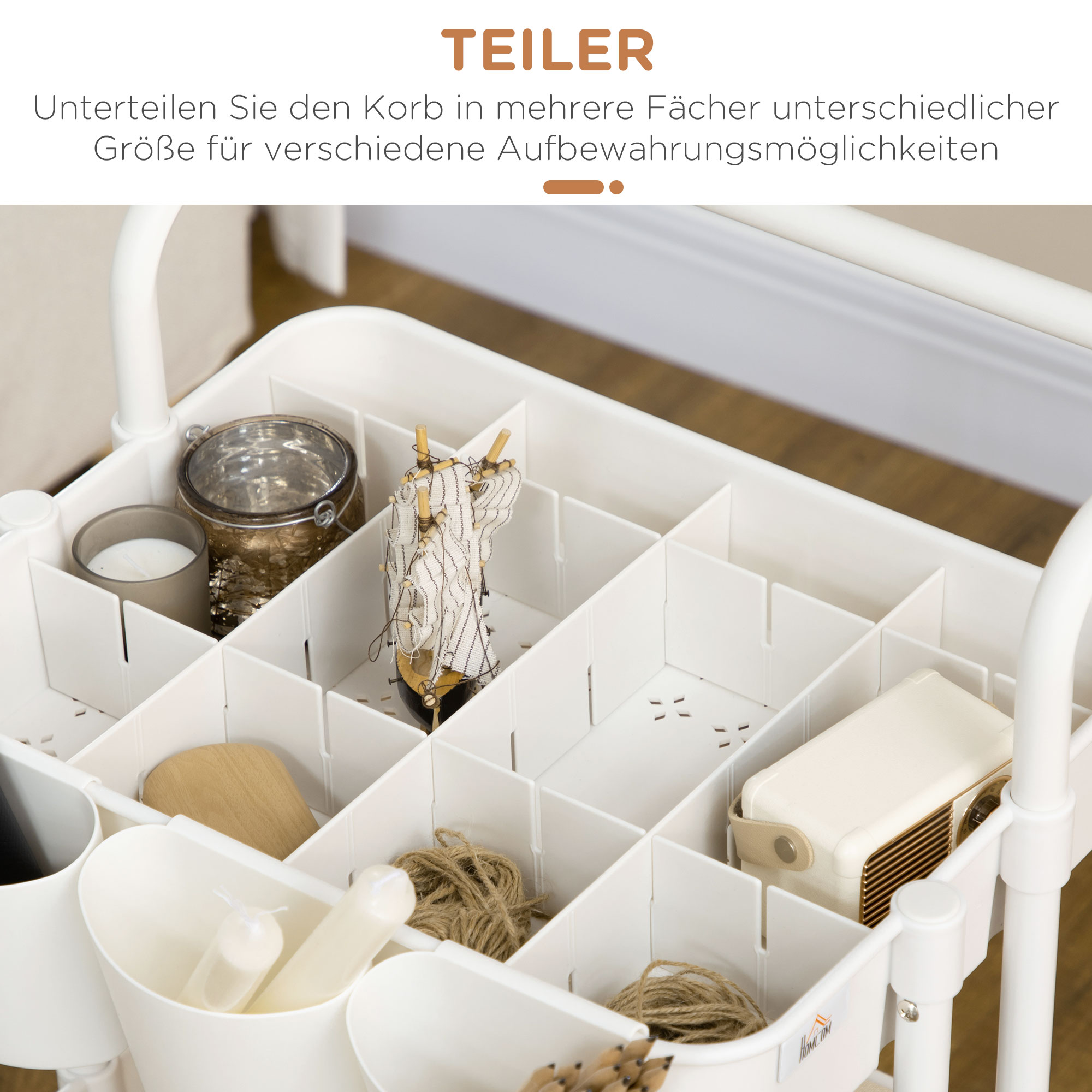 Rollwagen, Servierwagen, 3 Ablagekörbe, 3 Hängeboxen, 4 Haken, Metallrahmen, 42 x 38 x 86,5cm, Weiß