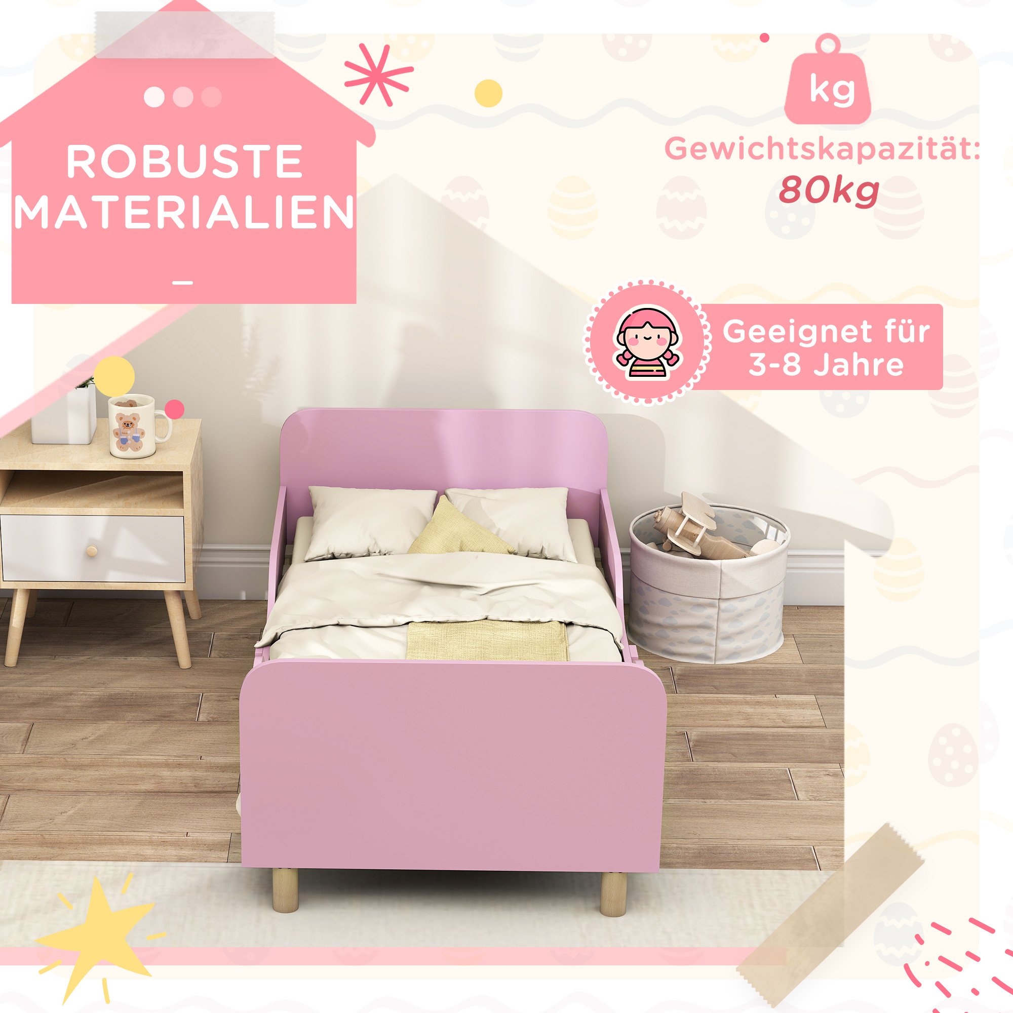 Kinderbettgestell, Einzelbettrahmen für Kinder, Schutzgitter, kleines Bett für Kinderzimmer, MDF, ohne Matratze, Rosa
