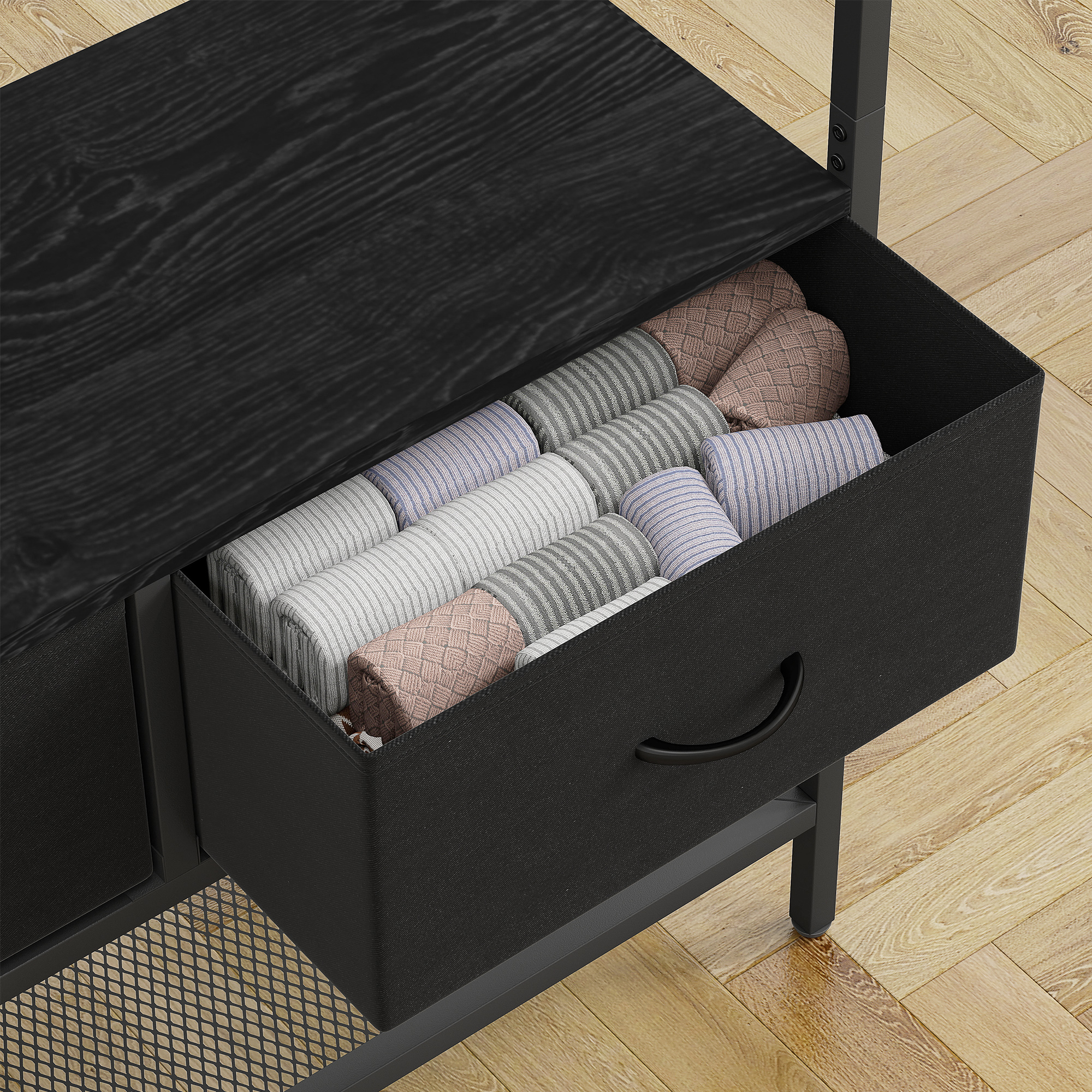 Garderobenständer mit Schuhregal, Kleiderständer im Industrie-Design, 2 Stoffschubladen, 8 Haken, Metallrahmen, Schwarz