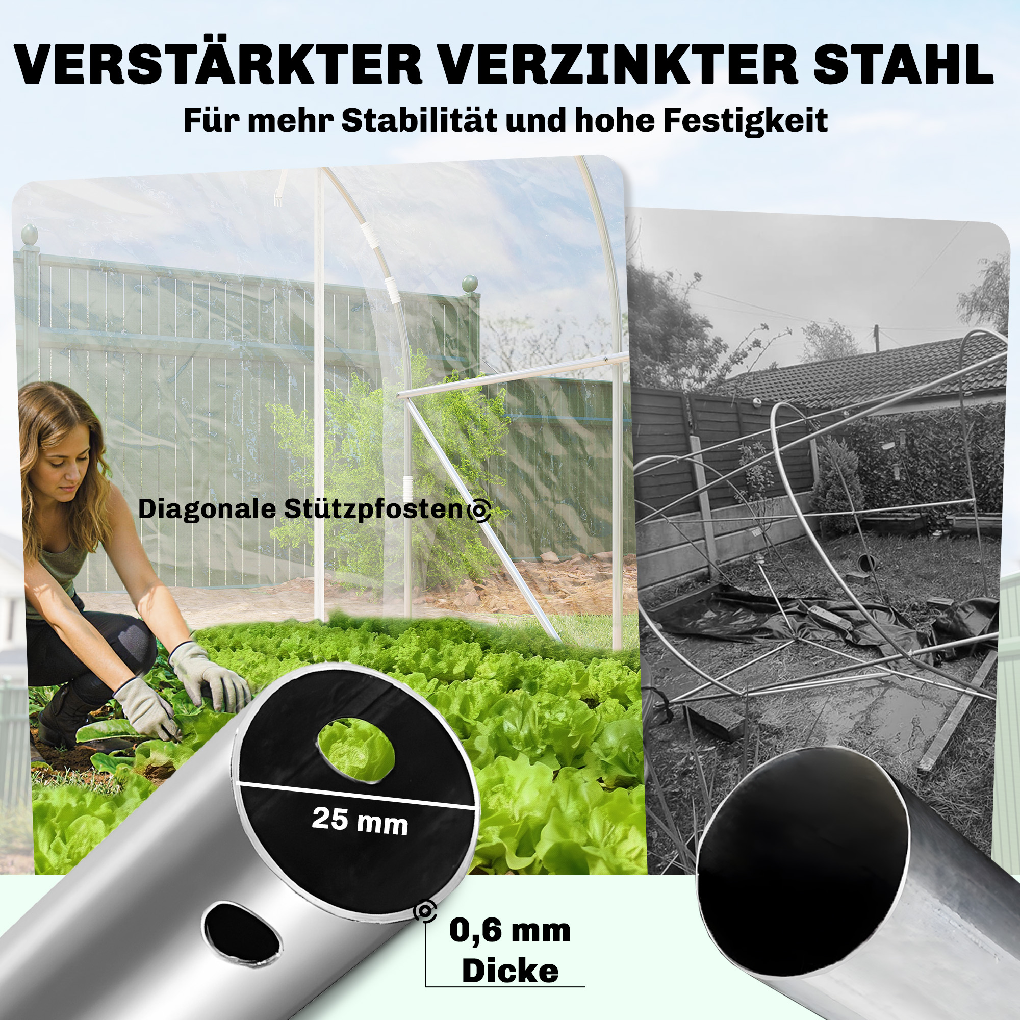 Polytunnel-Gewächshaus, begehbares Gewächshaus mit verzinktem Stahlrahmen und UV-beständiger PE-Abdeckung, transparent
