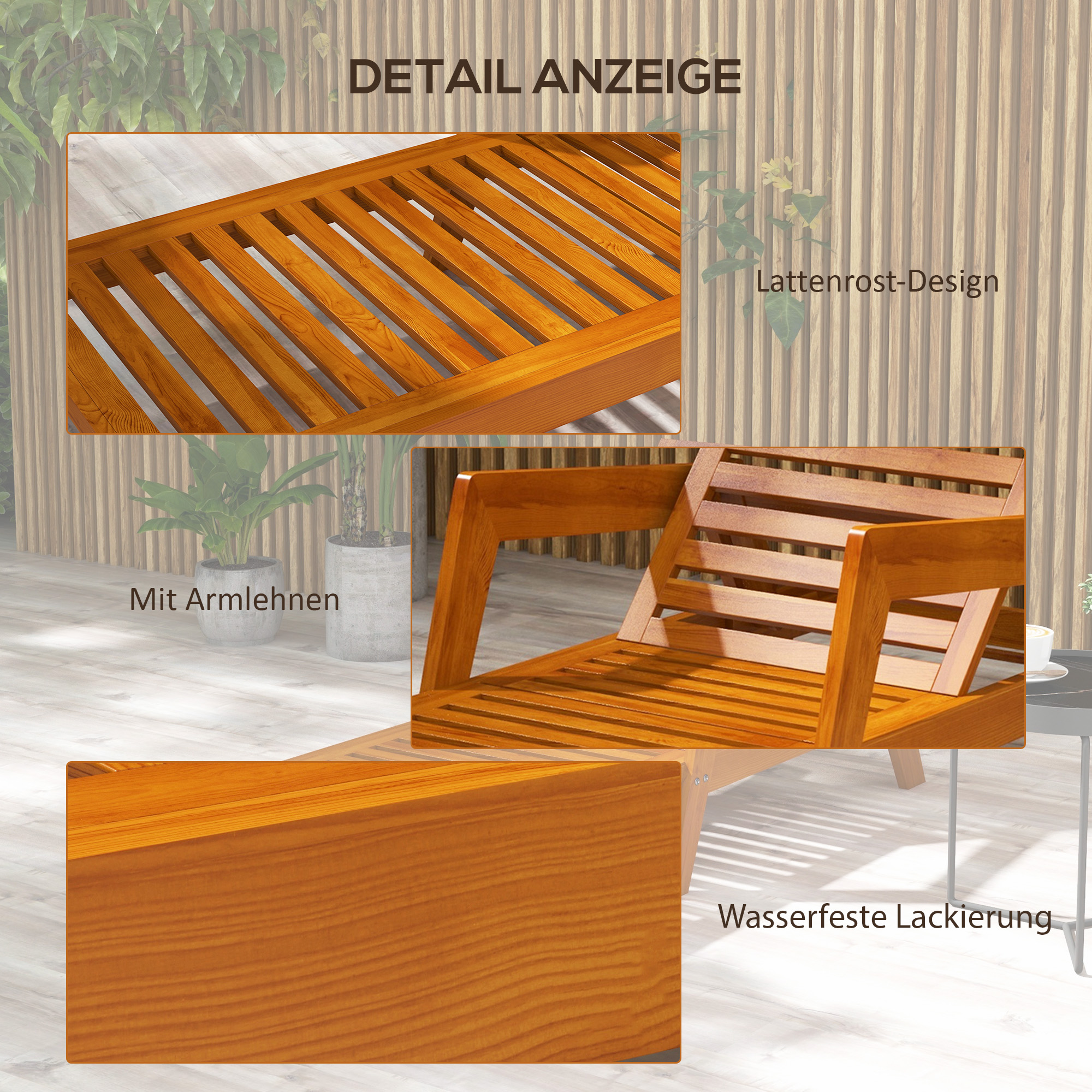 Sonnenliege Gartenliege Holzliege, Massivholz, 66 cm x 190 cm x 73,5 cm, Orange