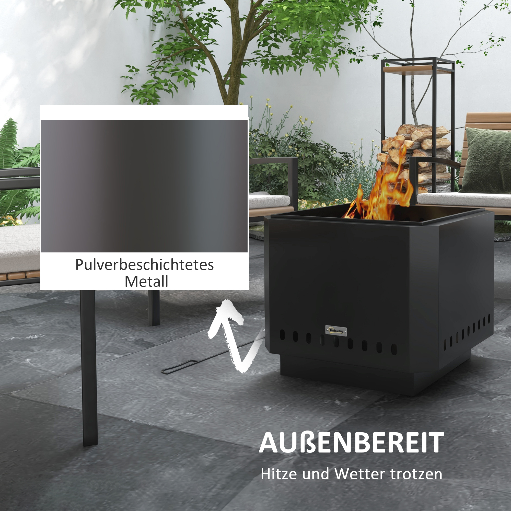 Feuerschale Feuerstelle, inkl. Schürhaken, 48 x 48 x 41 cm, Schwarz