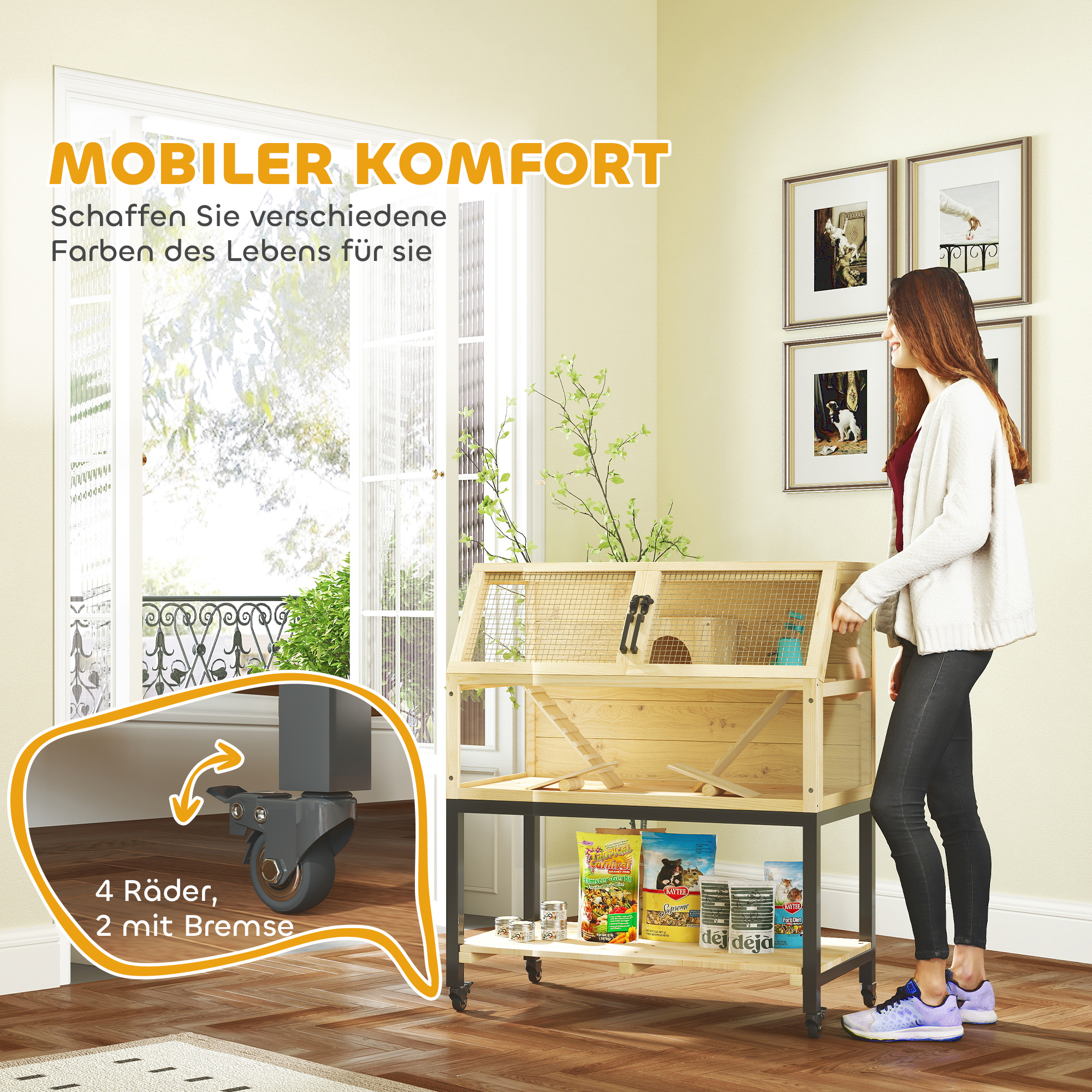 Zwerghamsterkäfig aus Holz mit Ablagefach, Rädern, Rampen, Wasserflasche, Hütte, Wippen, 87 x 43 x 101cm