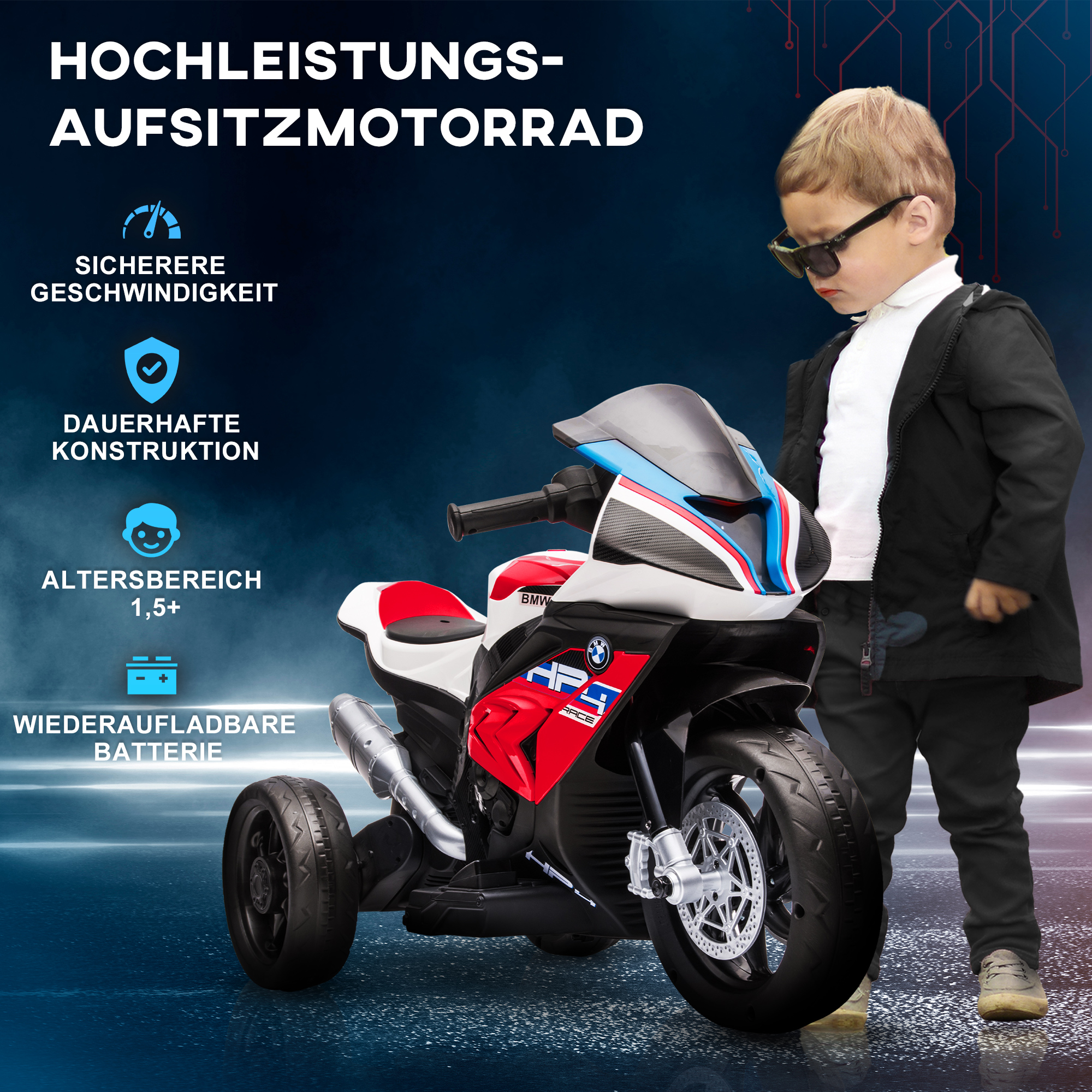 Kindermotorrad, Elektromotorrad, Scheinwerfer, 3 Musikmodi, für Kinder 1,5-5 Jahre, Rot, 82,5 x 42 x 54cm