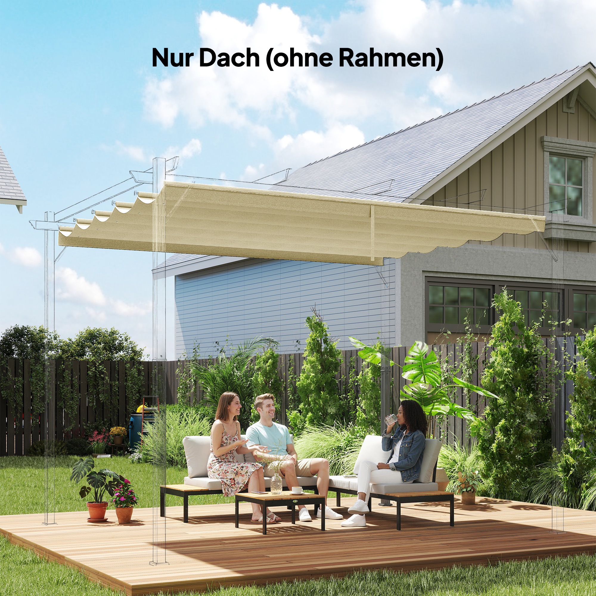 Ersatzdach für 4 x 3 m Pergola, einziehbar, mit Regenabflusslöchern, wetterfest, Polyester, Cremeweiß