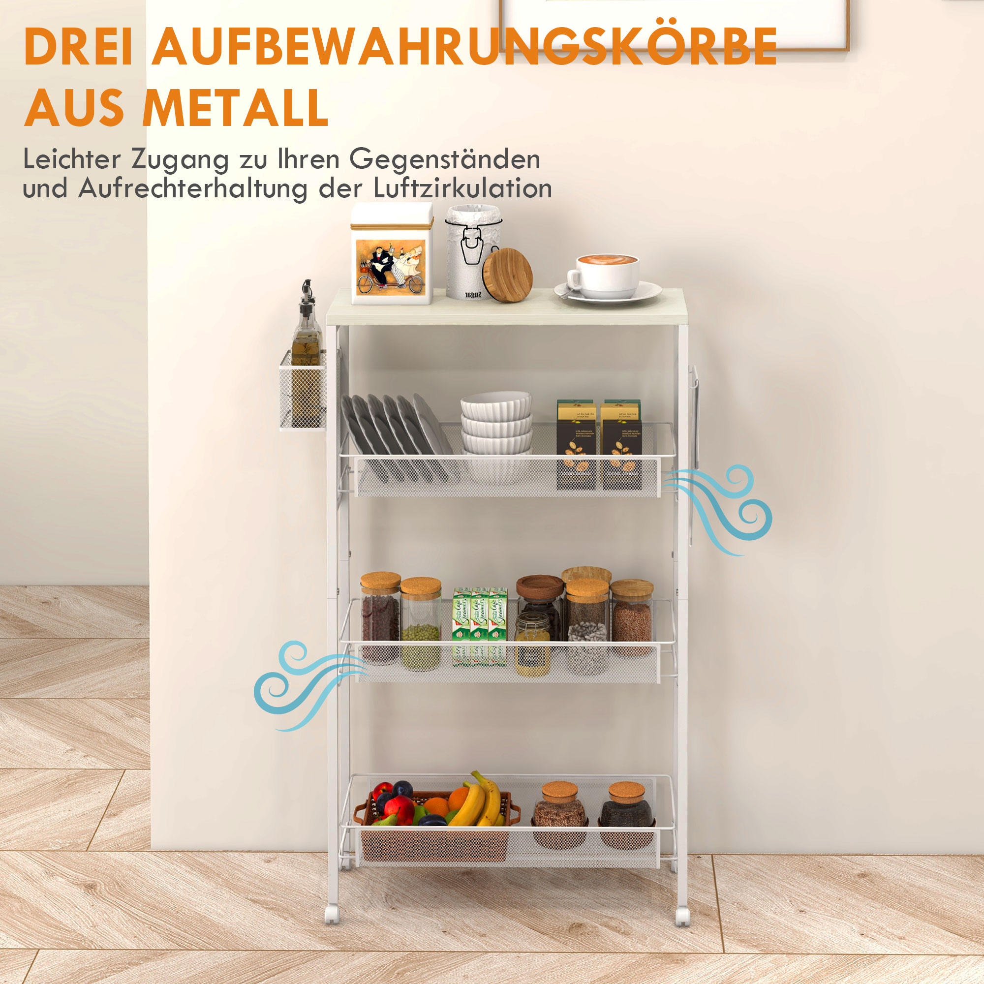 Nischenwagen Mehrzweckwagen Küchenwagen, 3 Regale, Haken, 58 cm x 18,5 cm x 87 cm, Weiß