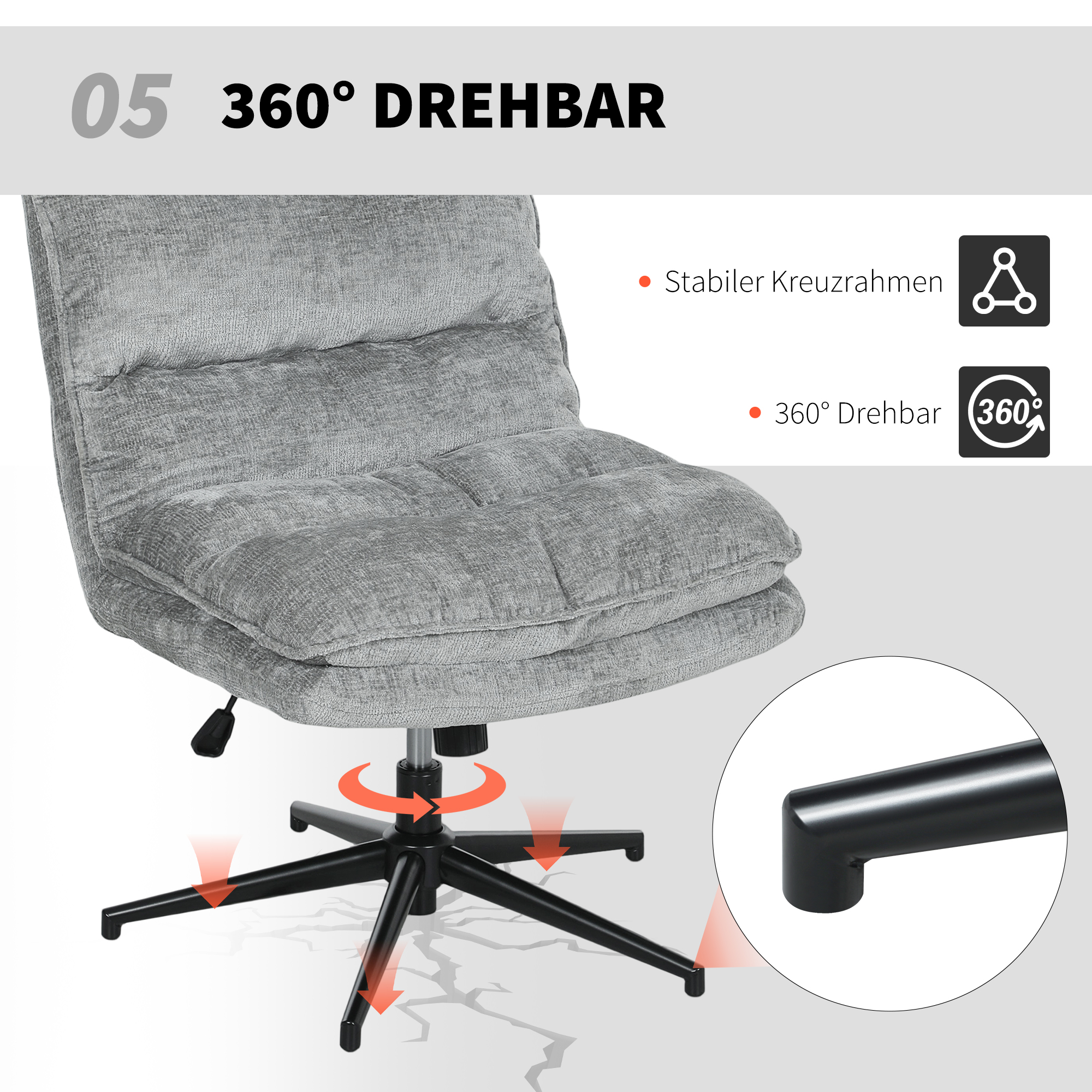 Armloser Polsterstuhl, drehbarer gepolsterter Bürostuhl mit weichem Stoffbezug, höhenverstellbar, Stahlbeine, Grau