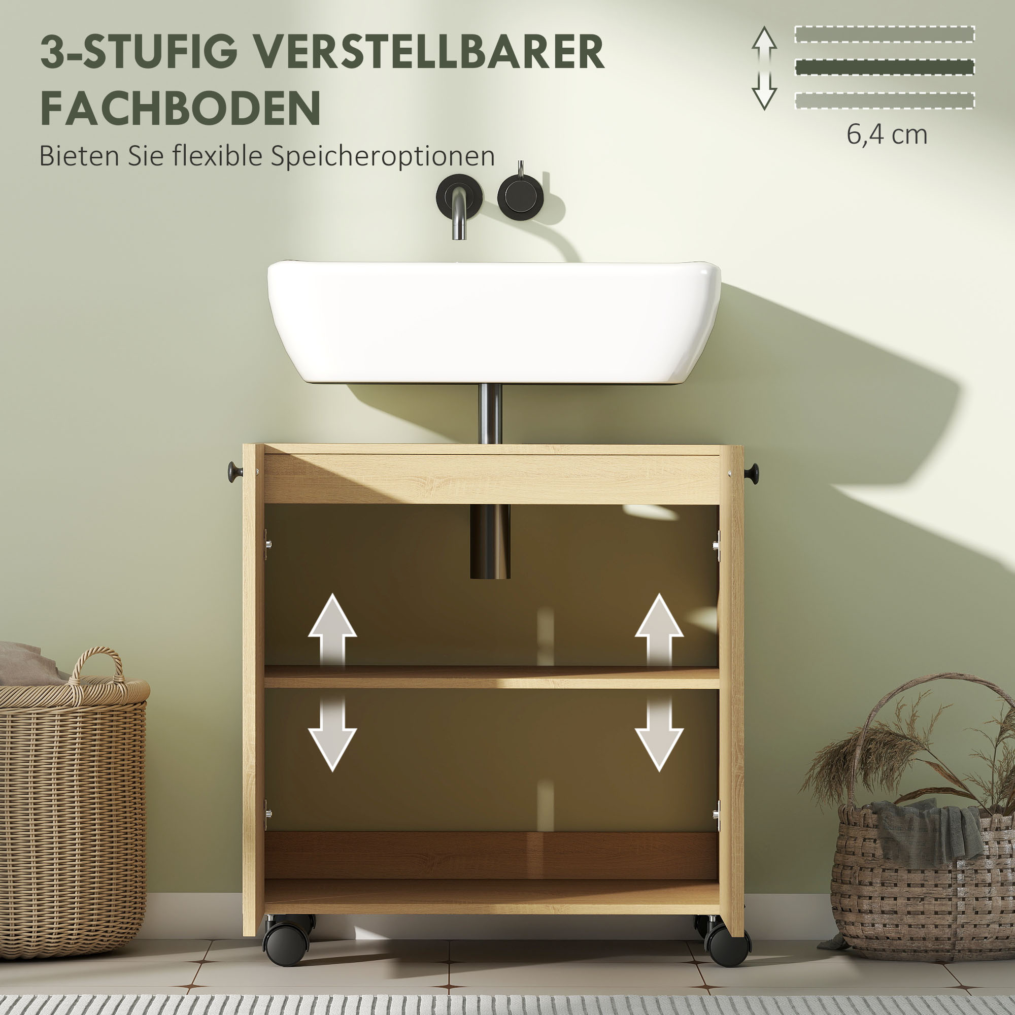 Waschbecken-Unterschrank für Badezimmer, 3-stufiges Regal, Räder, Holz