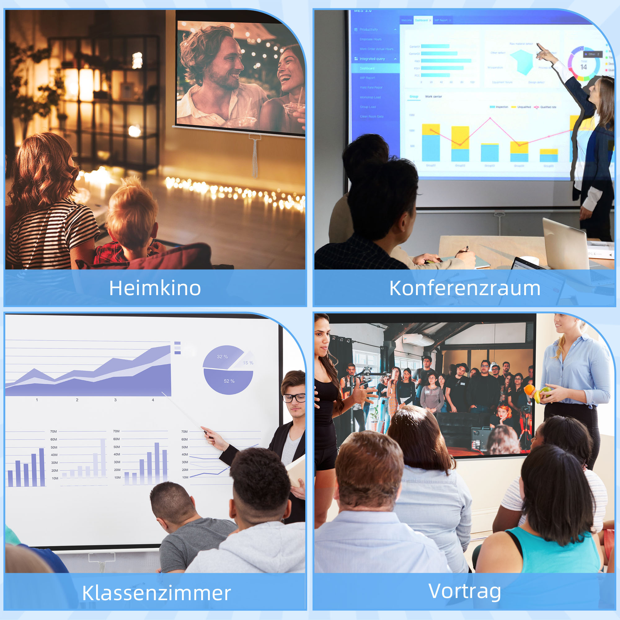 Projektorleinwand, 120 Zoll, 16:9 Format, Wand- oder Deckenmontage, Weiß