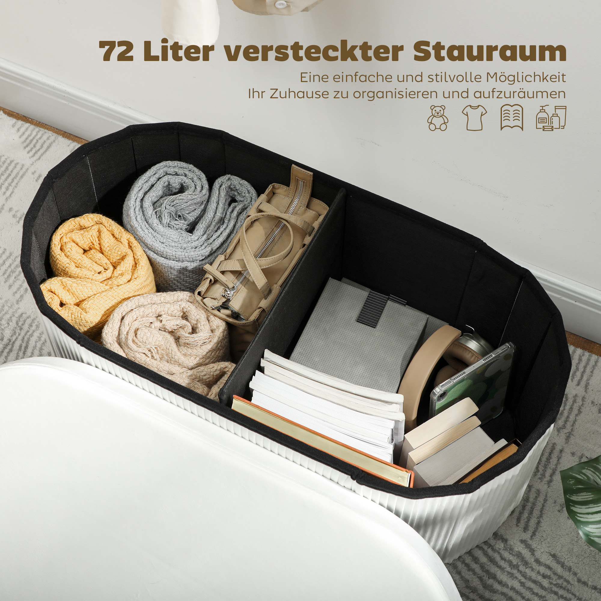 Sitzbank mit Stauraum Klappbar Polsterbank mit Samt-Optik für Wohnzimmer 76 x 38 x 35 cm Creme