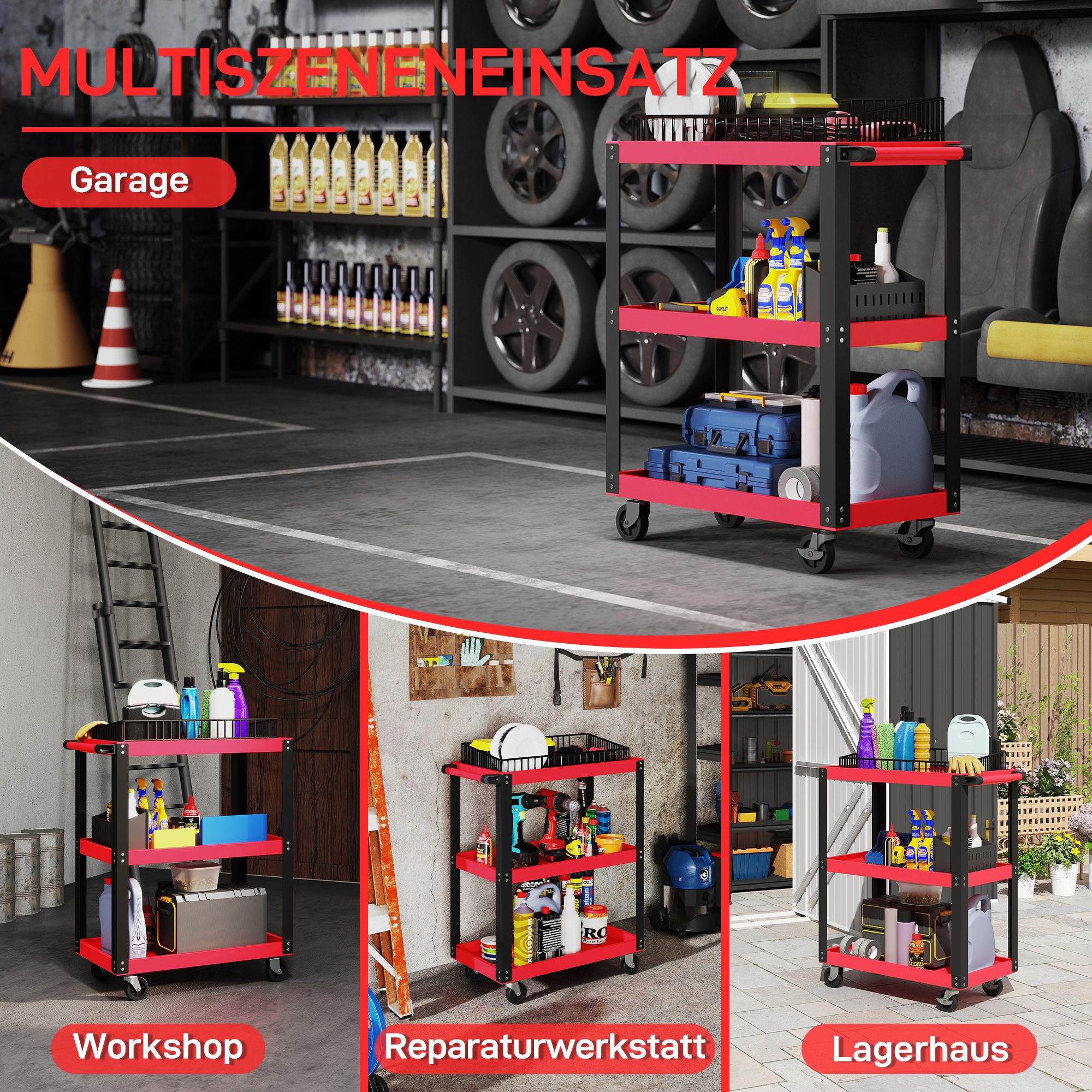 Werkzeugwagen mit 3 Ebenen, Metallrahmen, 120 kg Belastbarkeit, Rollen, Griff, Rot