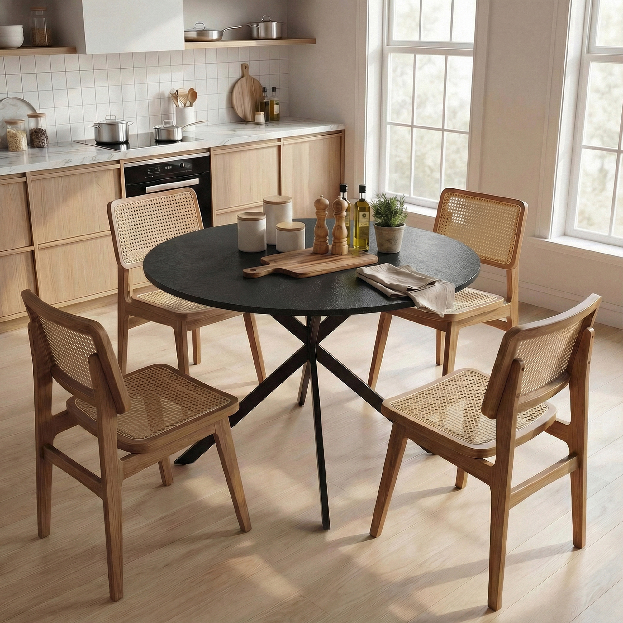 Runder Esstisch für 4 Personen, Küchentisch im Industriestil mit Stahlbeinen, für Esszimmer, Küche, Schwarz