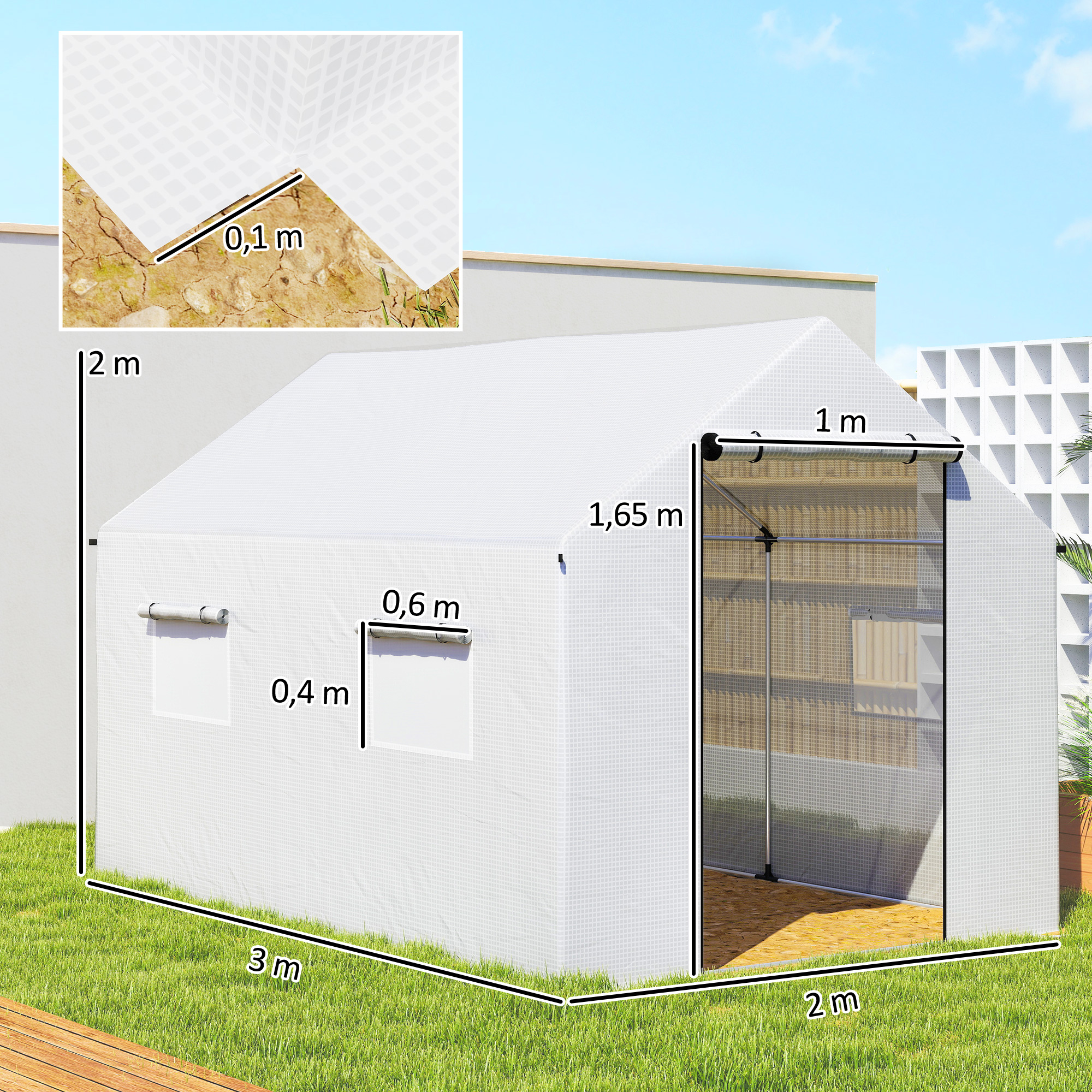 Gewächshaus 3 x 2 x 2 m Foliengewächshaus mit 4 Mesh-Fenster, Breiter Rollbar Reißverschlusstür Moskitonetz UV-beständig