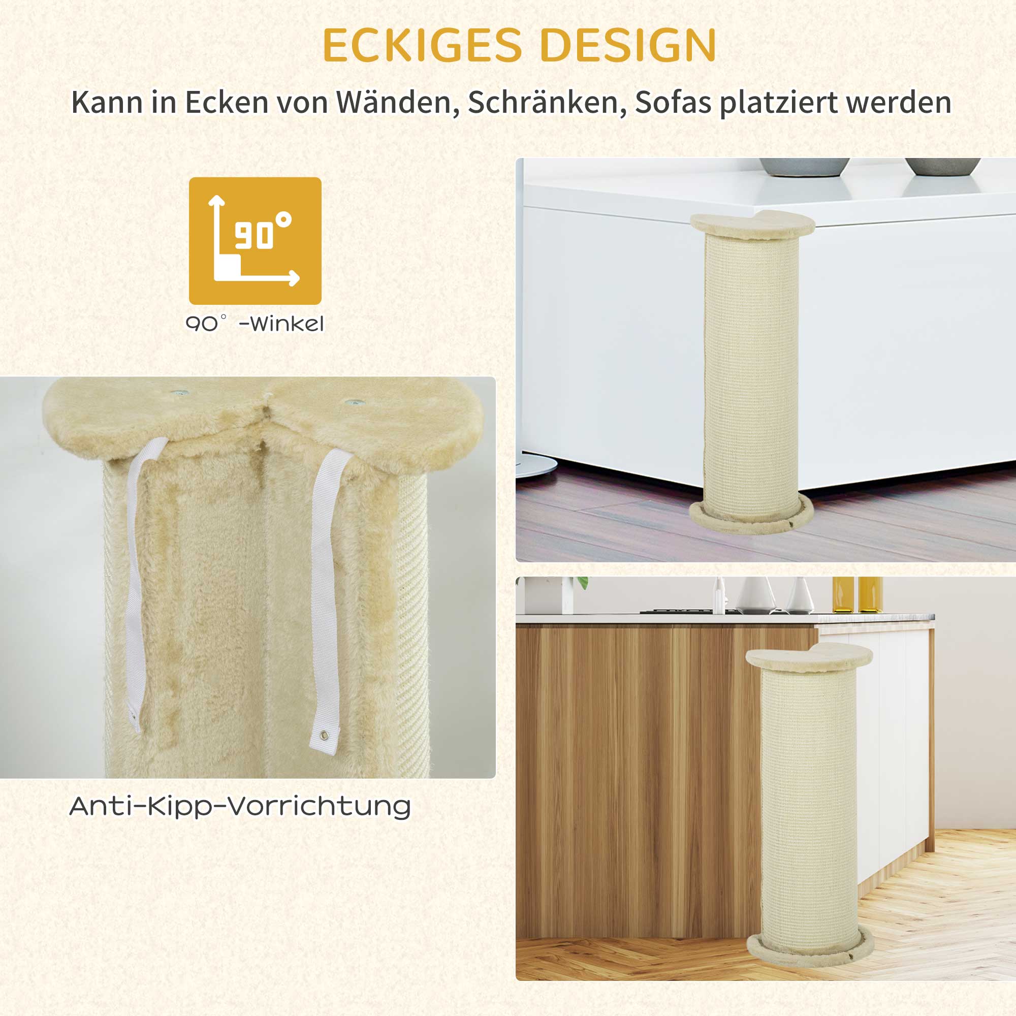 Kratzbrett für Katzen, Eckdesign, platzsparend, 35 cm x 35 cm x 85 cm, Cremeweiß