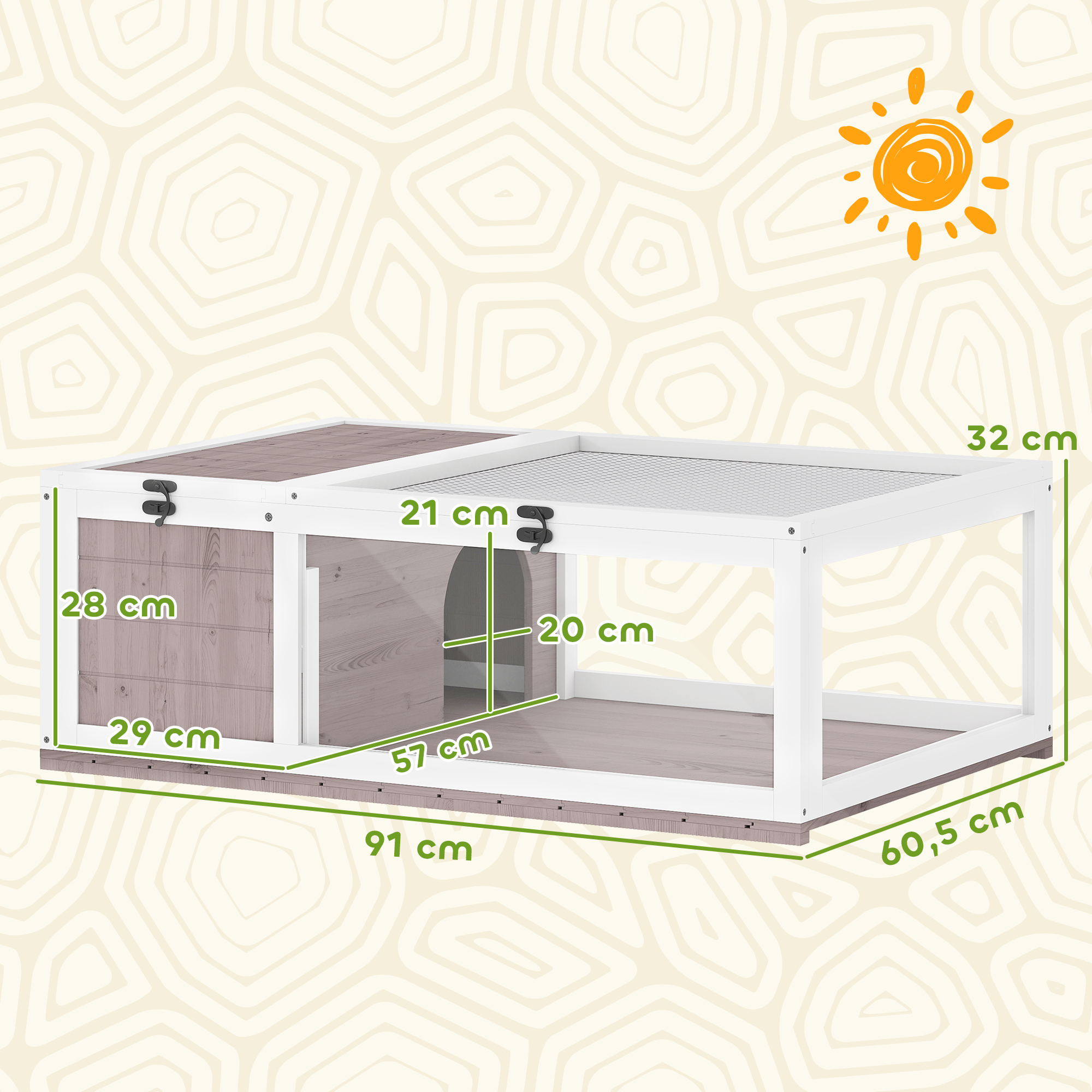 Schildkrötenhaus aus Holz Schildkrötengehege mit Haupthäusern aufklappbarem Oberseite 91x60,5x32 cm, Braun