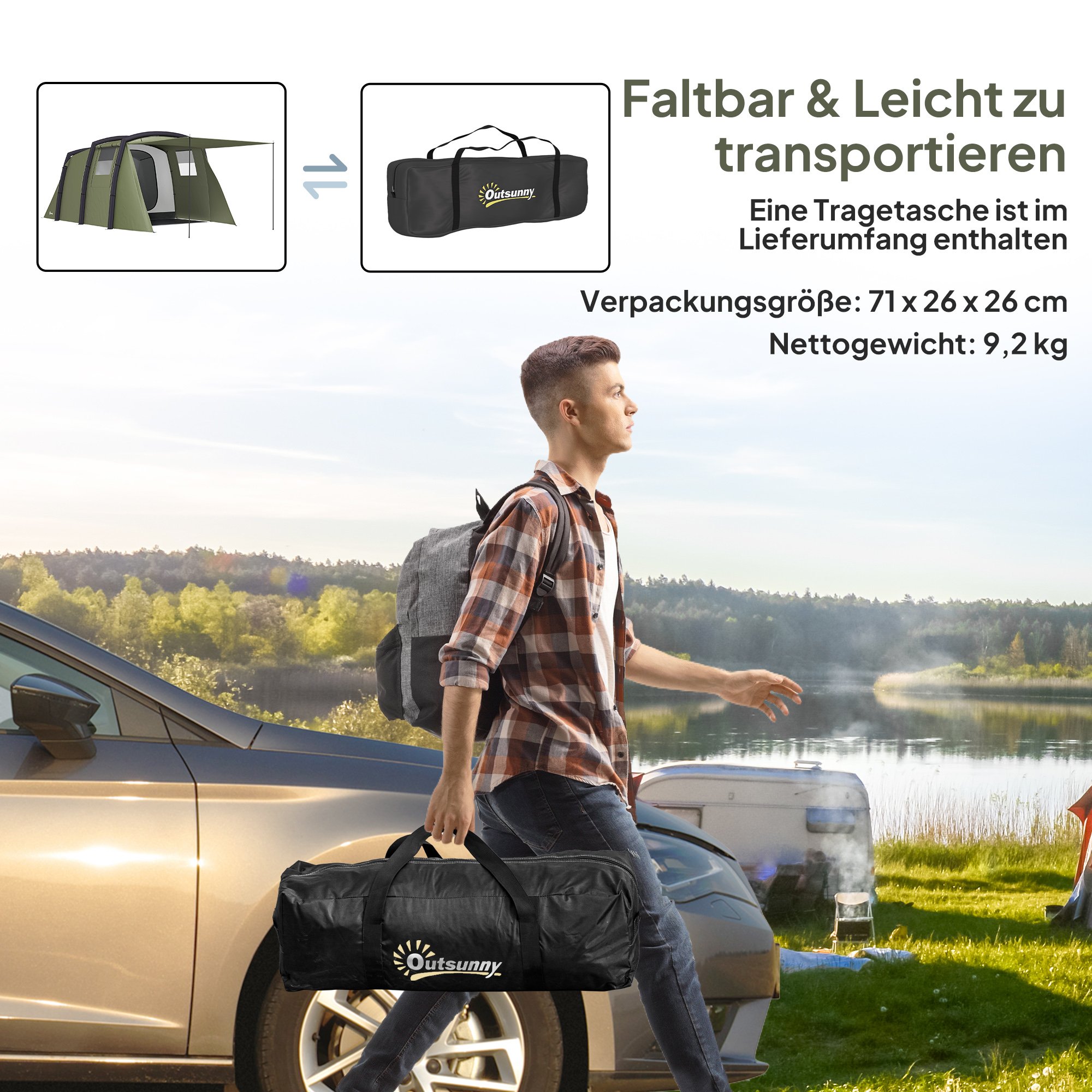 aufblasbares Campingzelt, 3-6 Personen Outdoor Tunnelzelt mit Seitenfenstern Tür Luftträger 4,4 x 2,8 x 1,95 m Grün