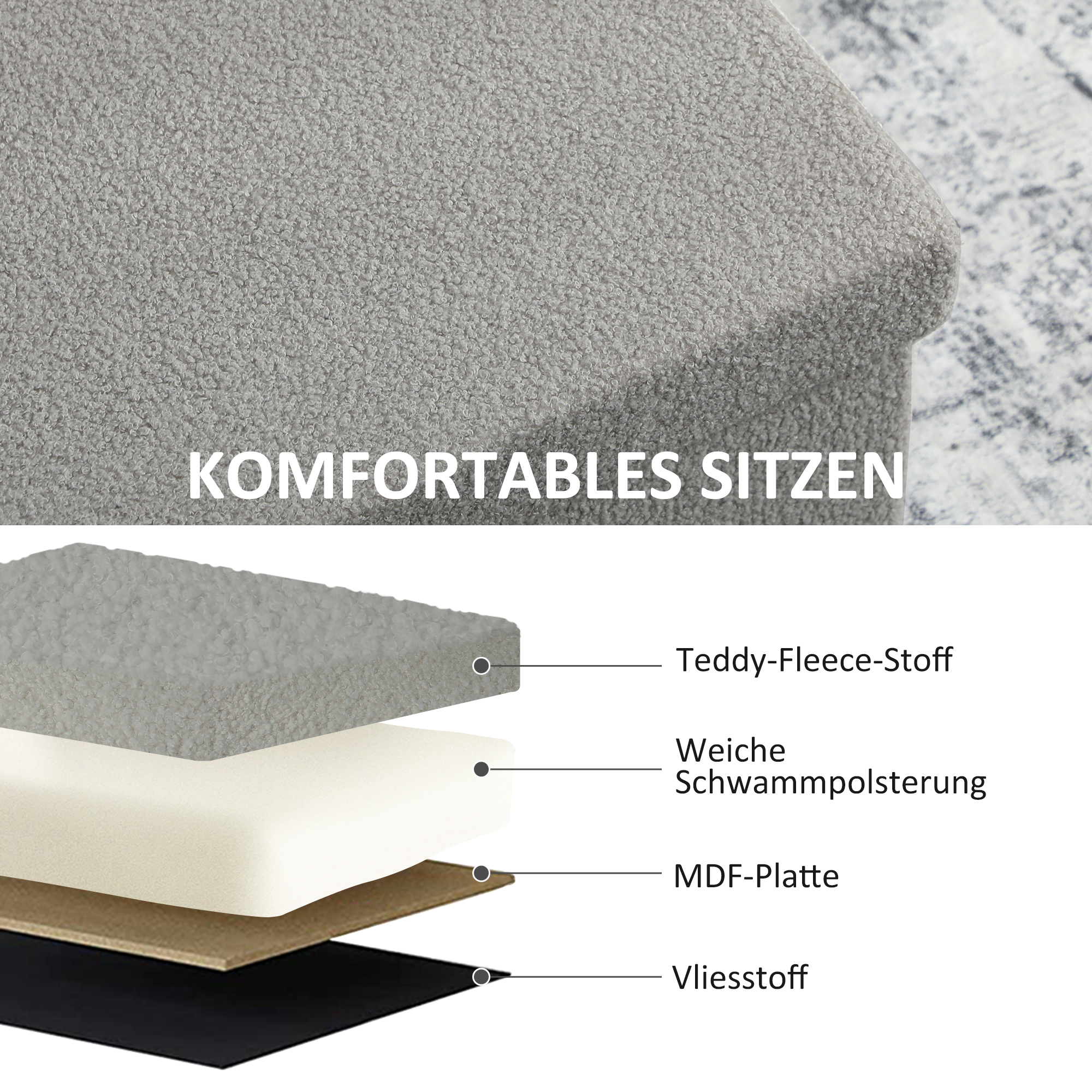 Aufbewahrungshocker, Polsterbank mit Stauraum und Deckel für Wohnzimmer, Schlafzimmer, Flur, Hellgrau