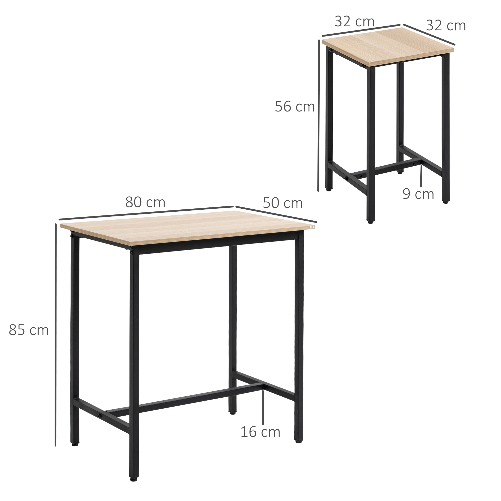 Bartisch-Set im Industrie-Design, 3-teilig, 1 Tisch, 2 Hocker, Schwarz + Natur