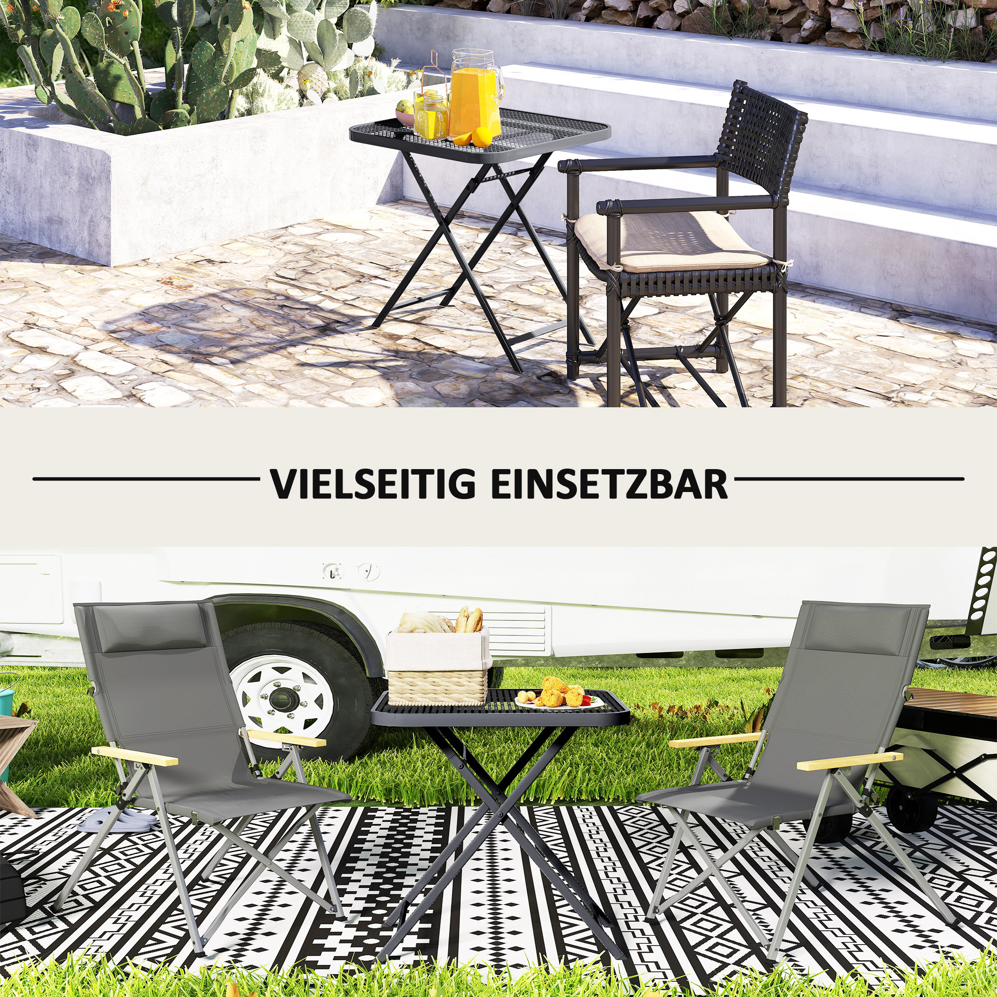 Gartentisch klappbar 70 x70 cm, Wetterfest Balkontisch Klapptisch mit Ausschnitt-Design quadrarisch Schwarz