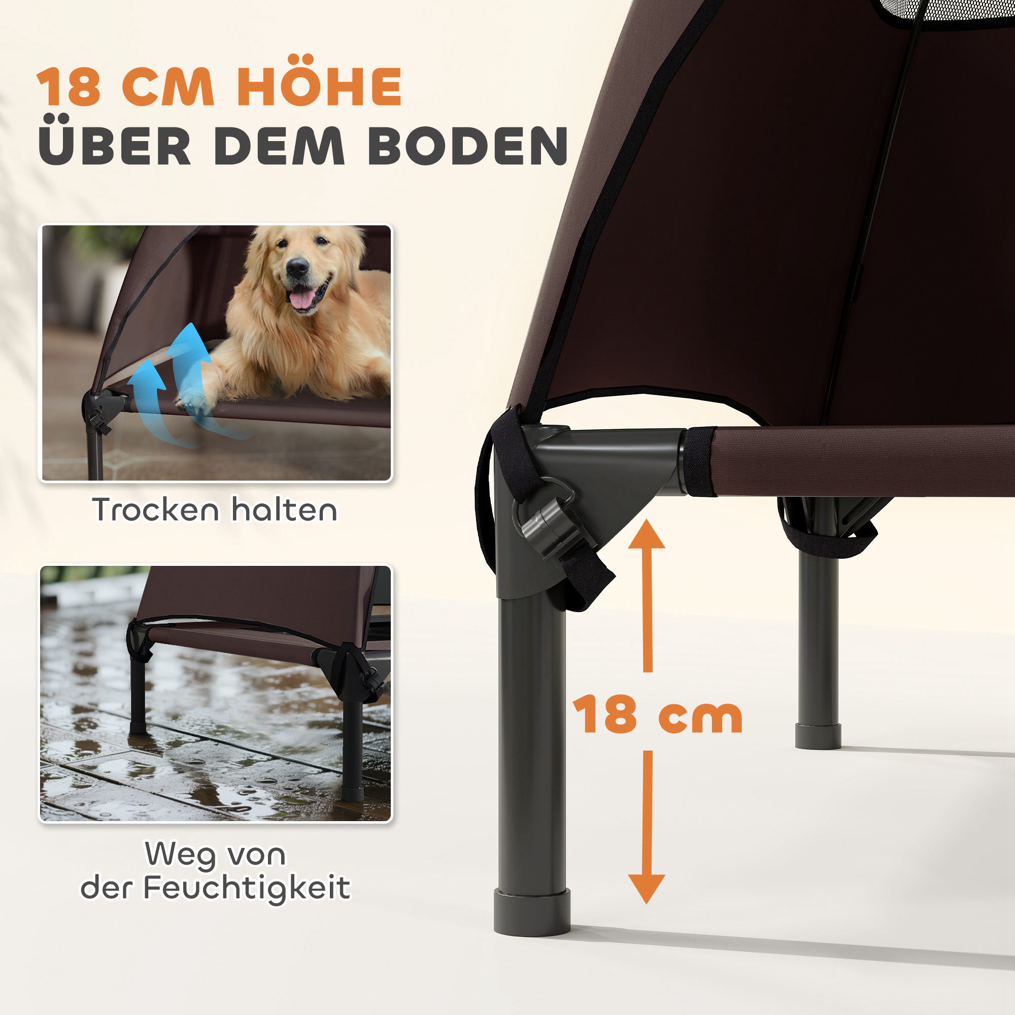 Hundeliege Outdoor mit Dach, erhöhtes Hundebett für Große Hunde, 106 x 76 x 99 cm, Kaffee