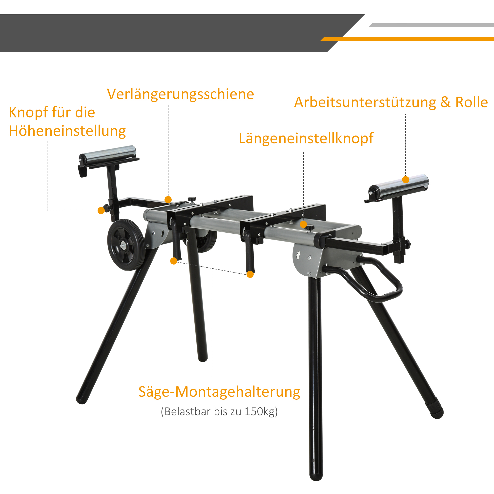 Untergestell für Kappsägen Arbeitstisch für Kapp- und Gehrungssägen Sägengestell Kappsäge Stahl Schwarz+Silber Seitenverlängerung 123,5-245 cm