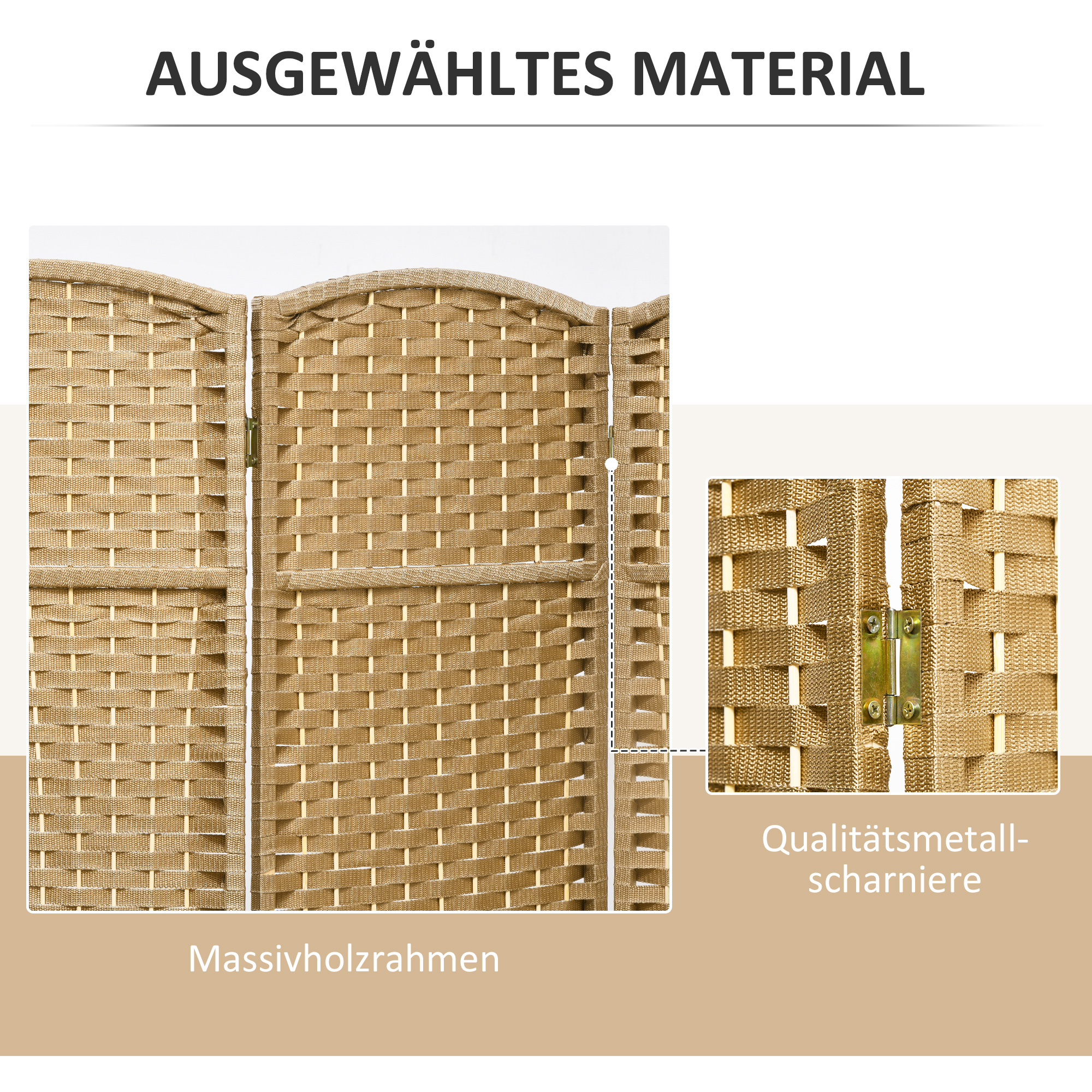 4-teiliger Raumtrenner, Faltbarer Sichtschutz, Sichtschutzwand für Wohnzimmer, Schlafzimmer, Homeoffice, Natur