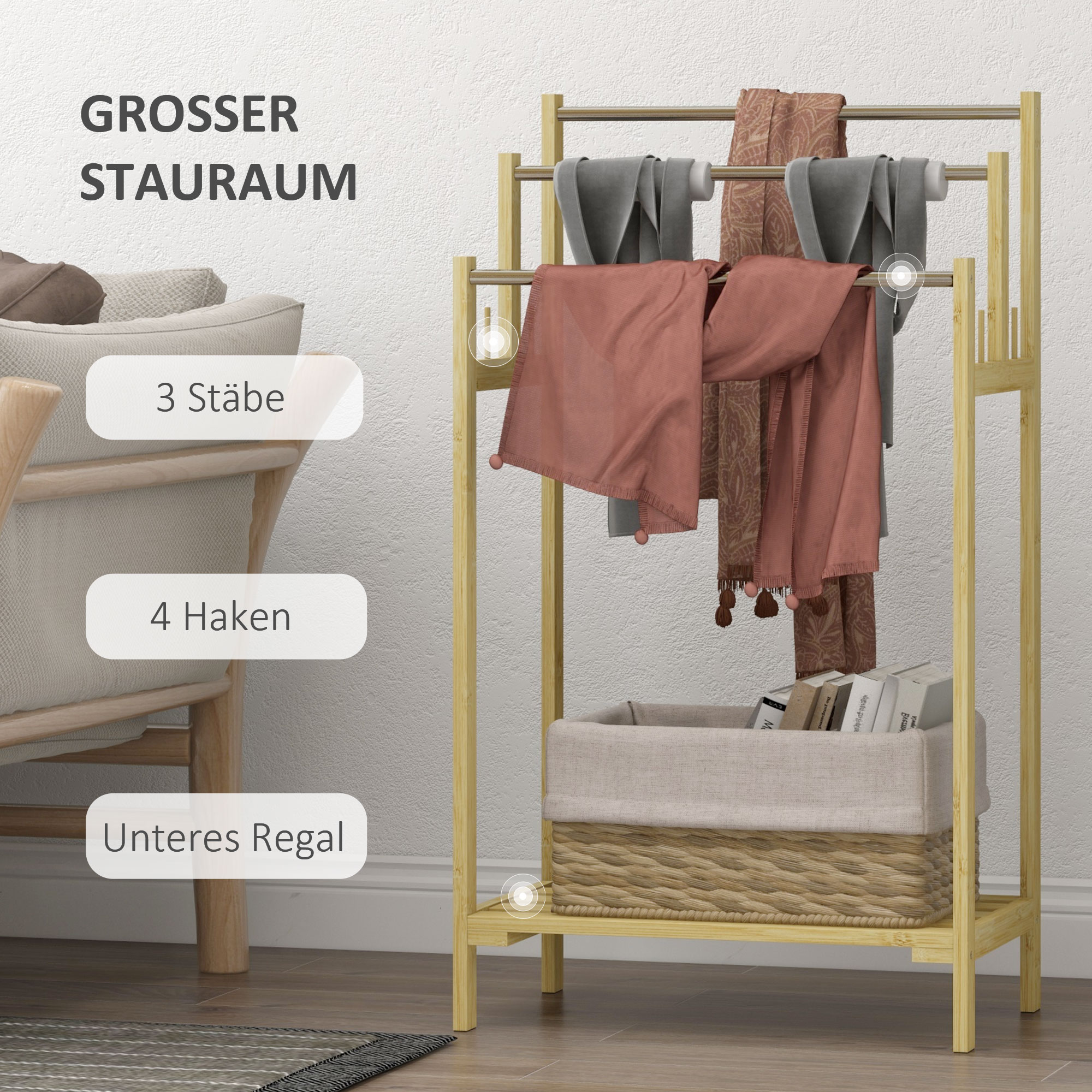 Handtuchhalter, freistehend, 3 Stangen, Bambus/Edelstahl, 50,5x31x90cm