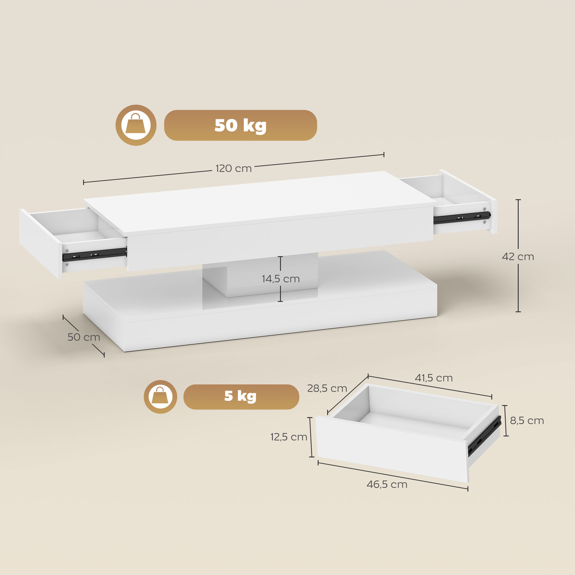 Wohnzimmertisch mit Schubladen und LED-Lichtern, moderner Sofatisch mit offener Ablage, Couchtisch, Spanplatte, Weiß