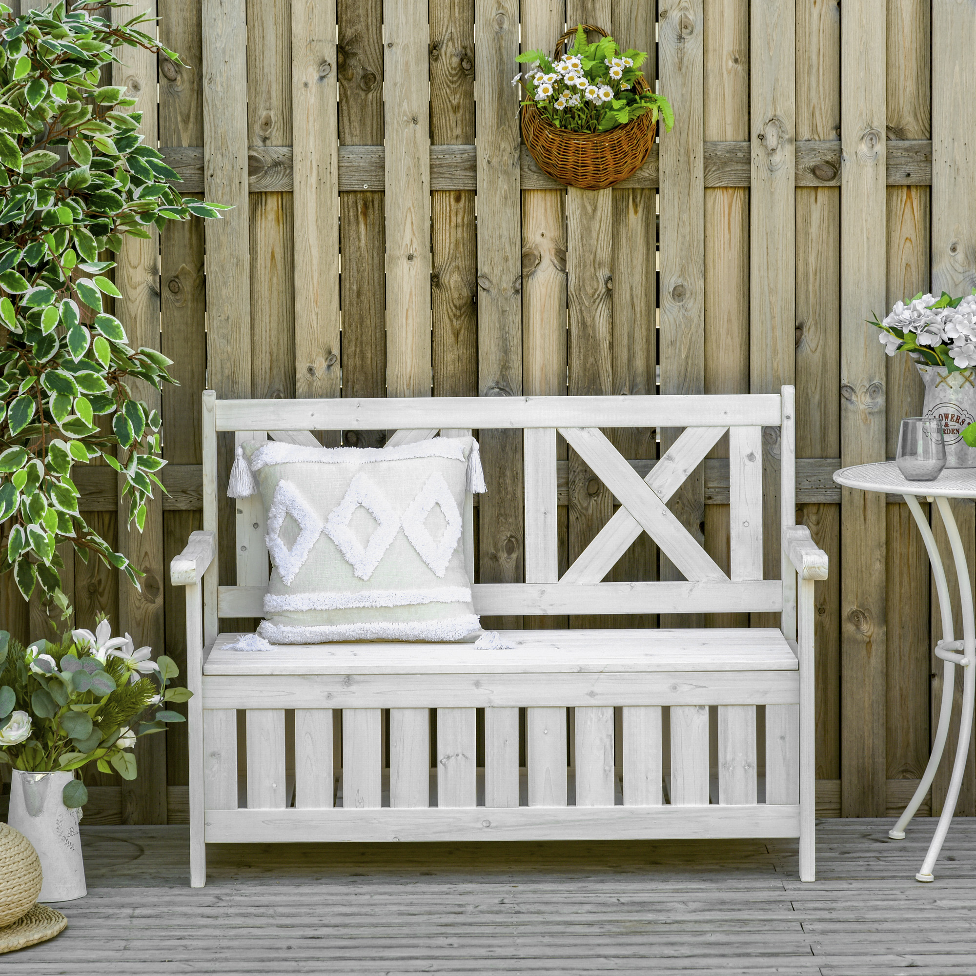 Sitzbank mit Stauraum 2-Sitzer Gartentruhe Truhenbank Kissentruhe Aufbewahrung Weiß 115 x 61 x 85 cm