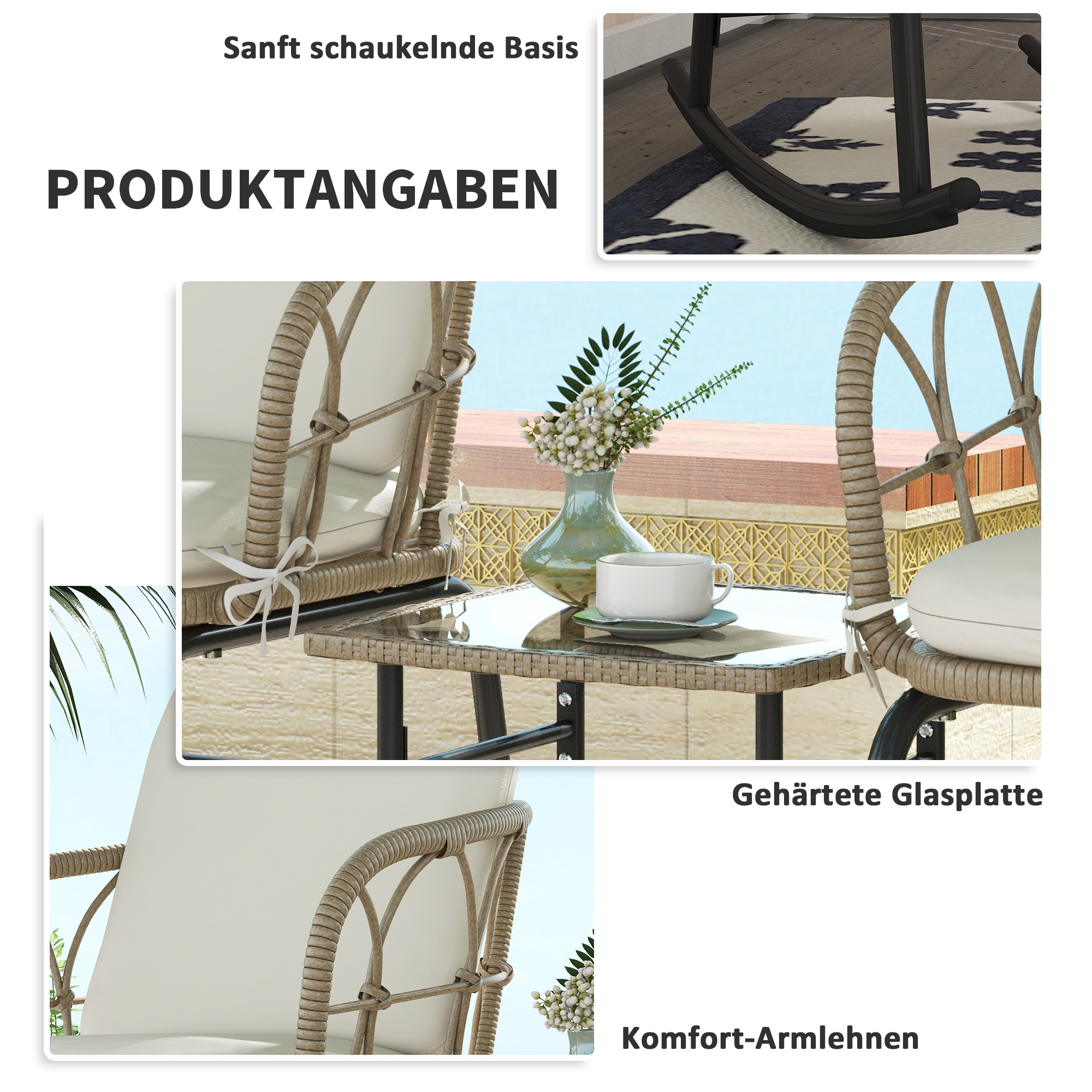 Schaukelstuhlset Schaukelstühle Bistro-Set, Bohostil, PE-Rattan, wetterbeständig, Creme