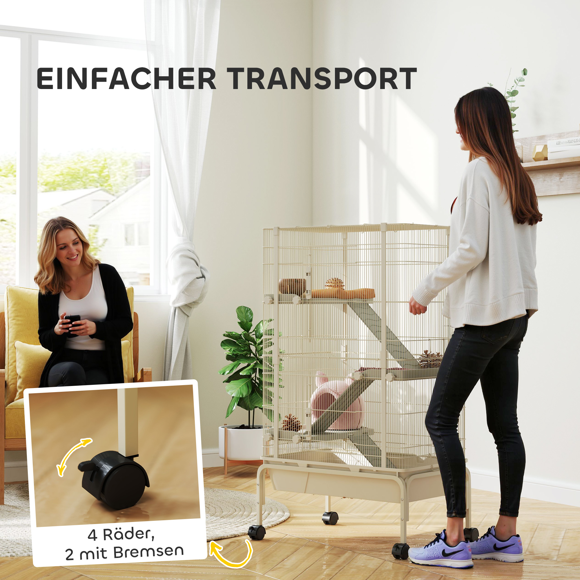 Kleintierkäfig, Haustierkäfig mit 4 Ebenen, Futterschale, Wasserflasche, 88 x 48 x 150,5 cm, Beige