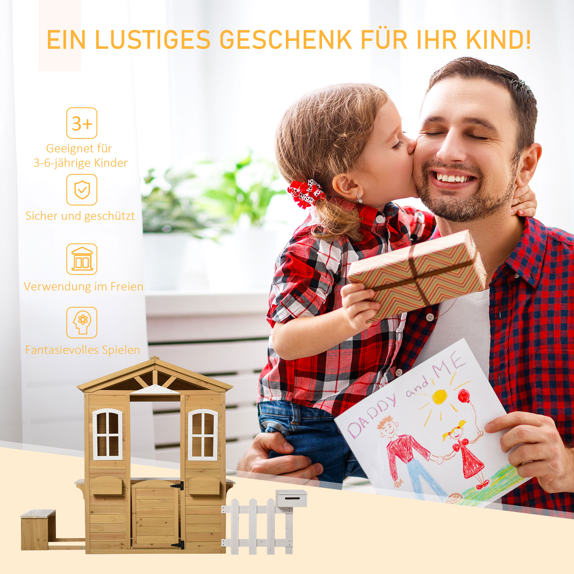 Kinderspielhaus aus Holz Spielhaus Outdoor mit Tür, Fenster und Pflanzkasten Briefkasten Bank für Kinder 3-6 Jahre