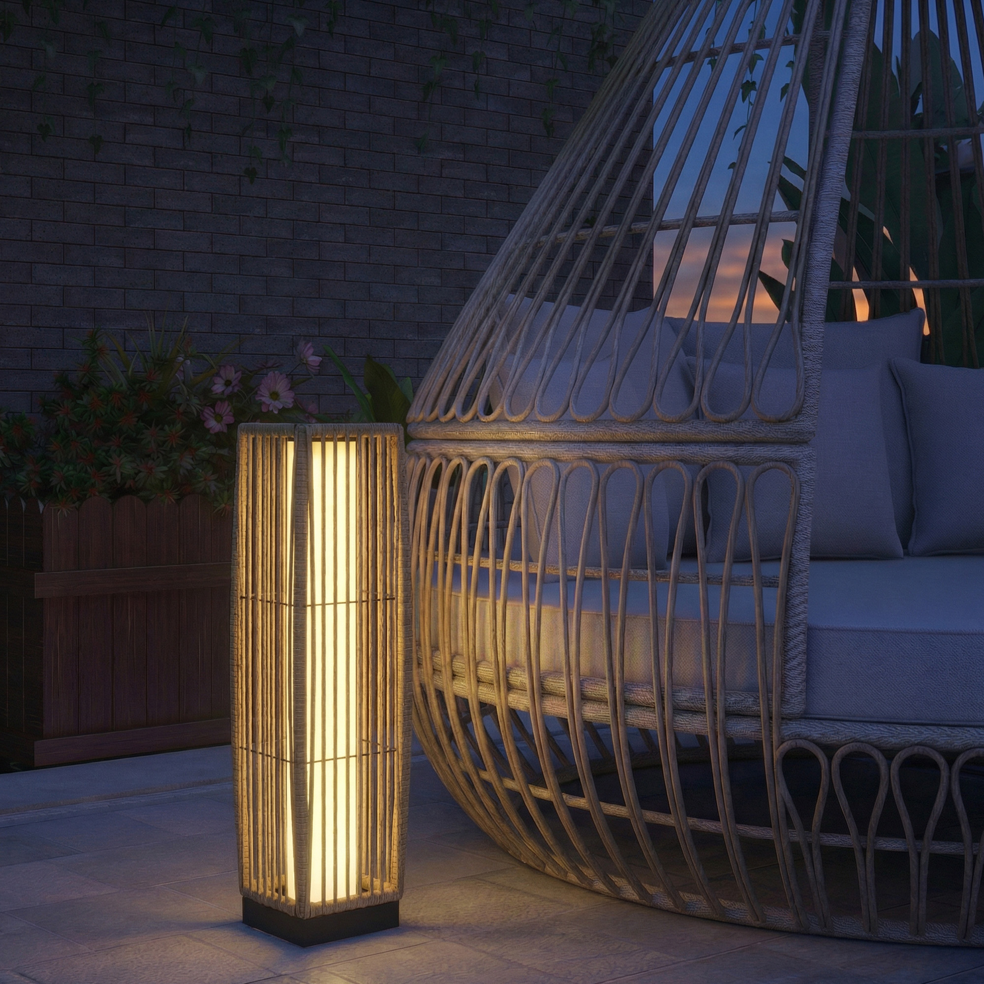 Solar Stehlampe Rattan Solarlampen mit Lichtsensor Automatische LED Solarleuchte im Boho-Stil IP44