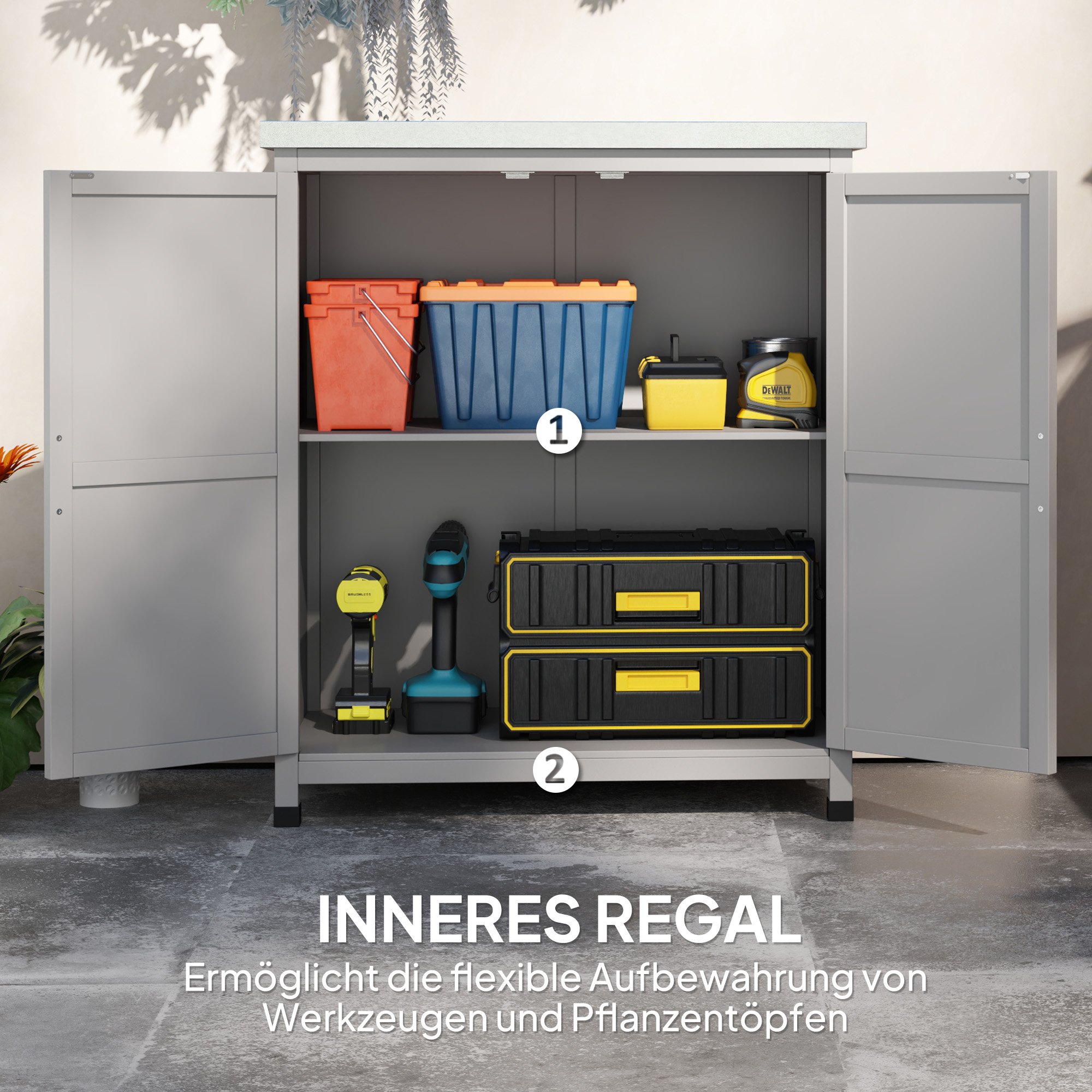 Gartenschrank, Außenschrank mit Arbeitsfläche, Werkzeugschrank, Massivholz, Stahl, 79B x 43T x 92H cm, Grau