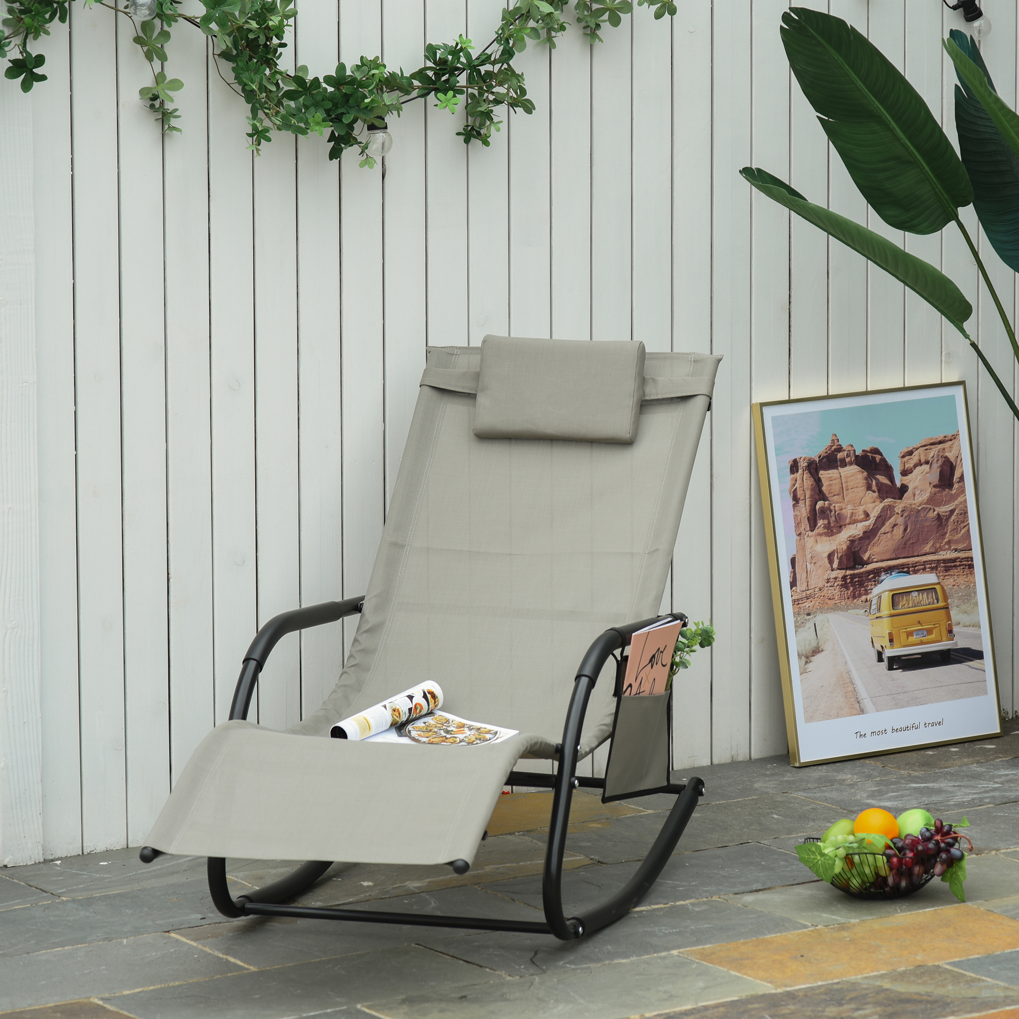 Schaukelstuhl Schwingsessel Gartenstuh Schaukelliege Metall Mesh Schwarz+Hellgrau 150 x 62 x 88 cm