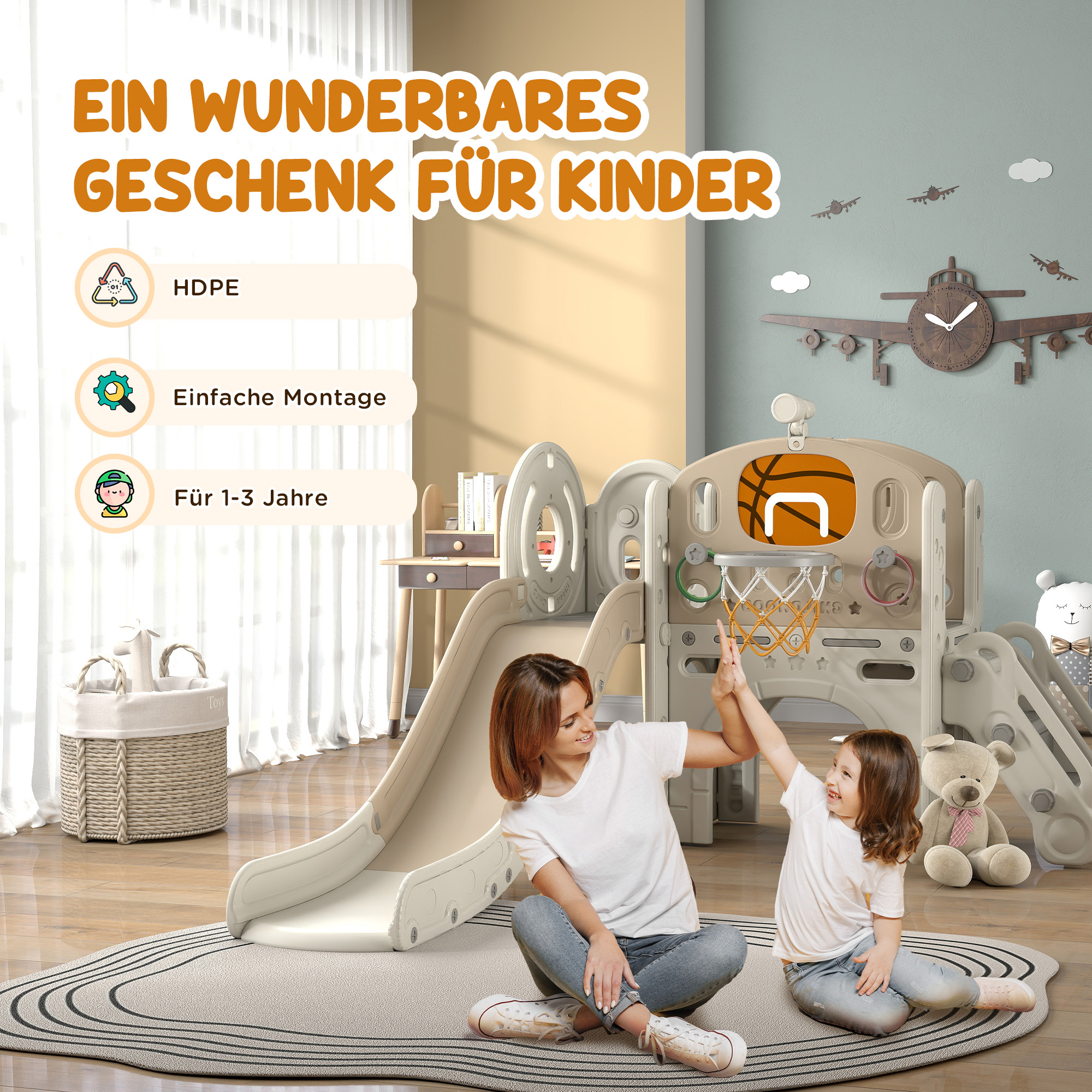 Kinder-Spielgerüst, 7-in-1 Rutsche, Indoor Spielplatz mit Stauraum und Krabbeltunnel, 186x153x111 cm, Cremeweiß