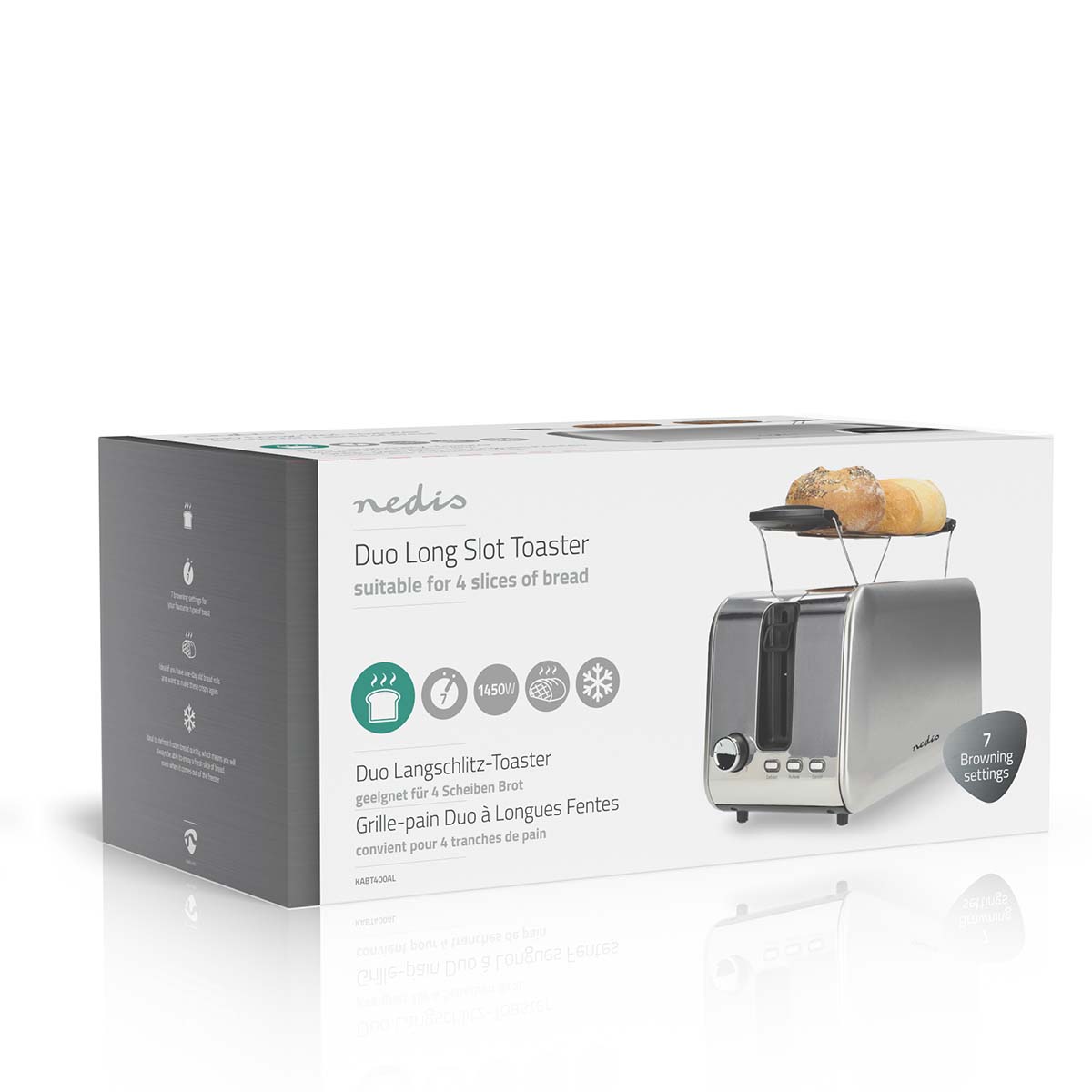 Toaster | 4 Brotscheiben | 2 Lange Schlitze | Bräunungsstufen: 7 | Auftaufunktion | Aluminium / Silber