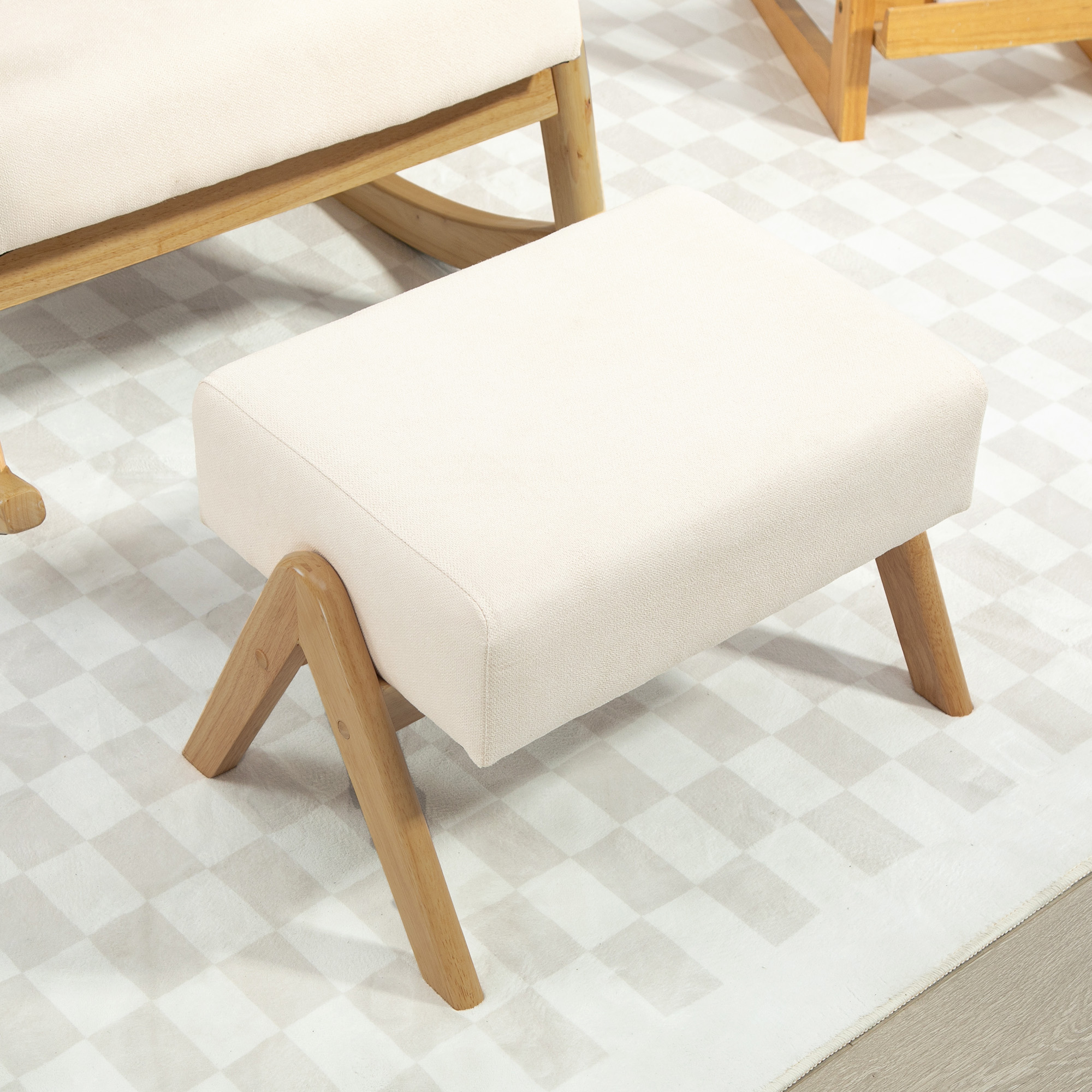 Schaukelstuhl mit Hocker, weiche Polsterung, Leinenoptik, Holzrahmen, Cremeweiß