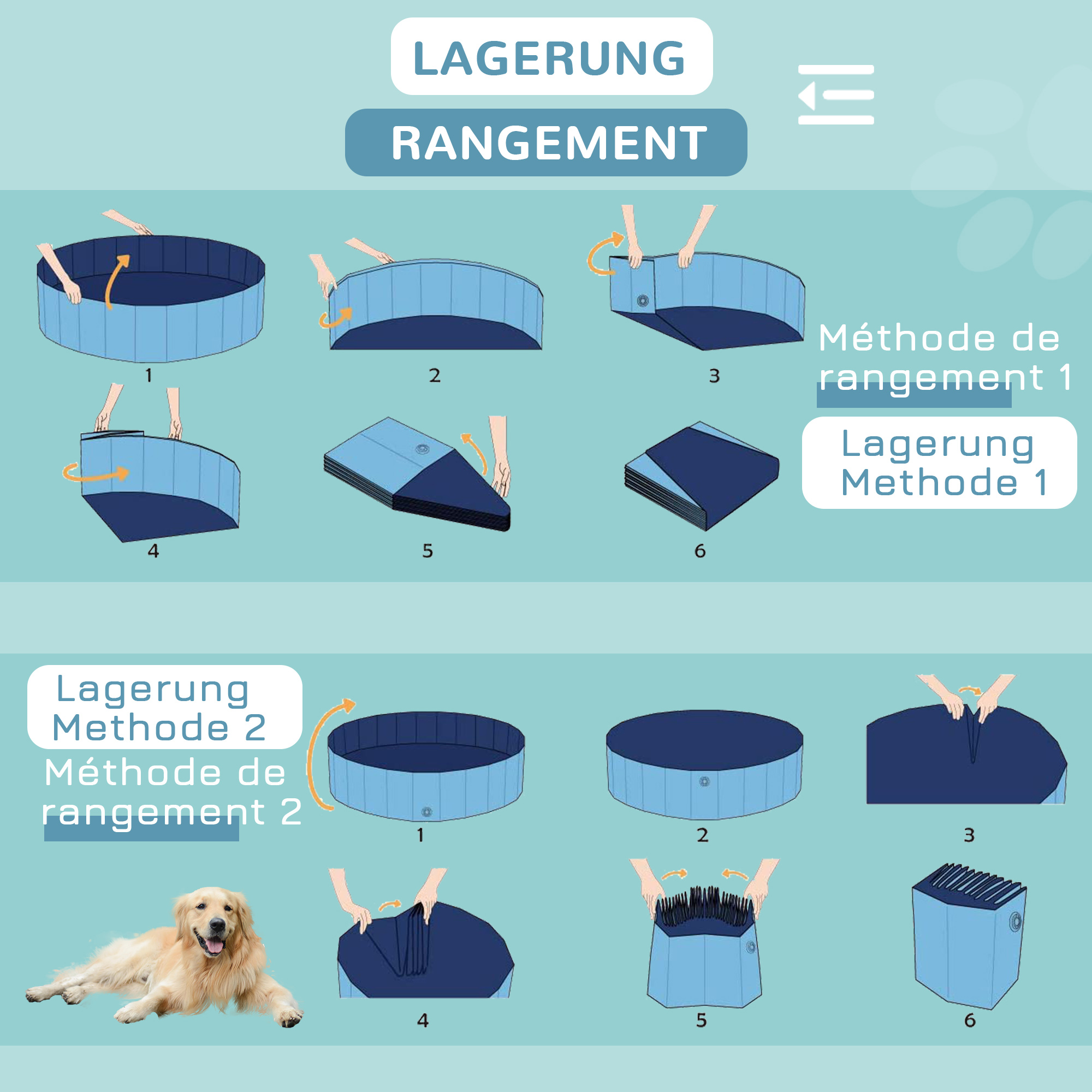 Hundebadewanne faltbar Badewanne Hundepool Plantschbecken Swimmingpool Wasserbecken für Hunde und Katzen Schwimmbecken Kunststoff+Holz Blau Ø120 x H30 cm