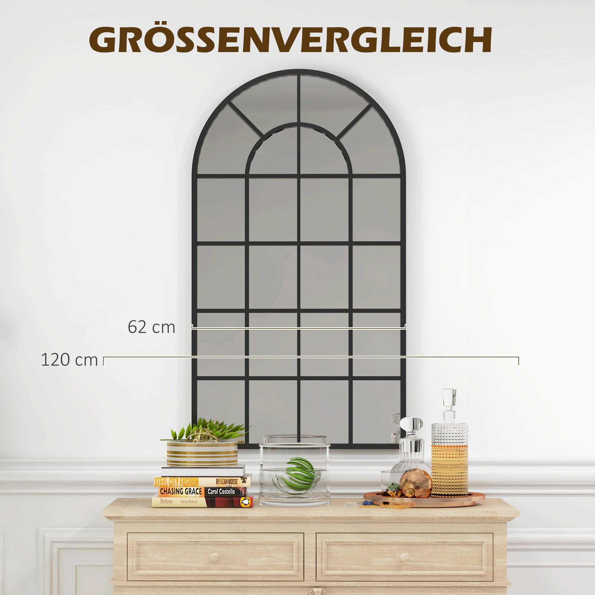 Dekospiegel großer Spiegel, Fensteroptik, Bogenförmig, inkl, Aufhängung, Schwarz + Spiegelglas
