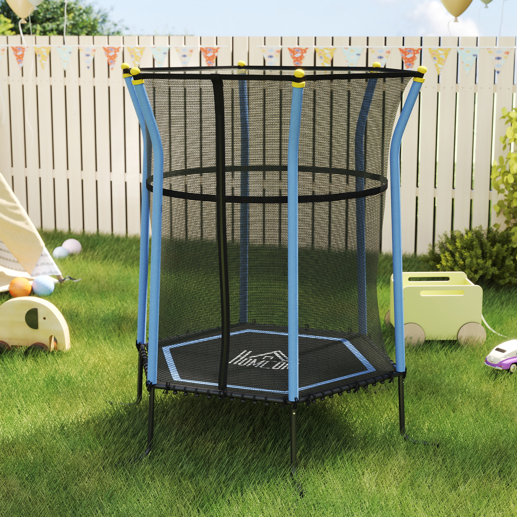Trampolin für Kinder, Ø163,5 cm, mit Sicherheitsnetz, gepolstert, Stahl, belastbar bis 50 kg, Schwarz & Blau