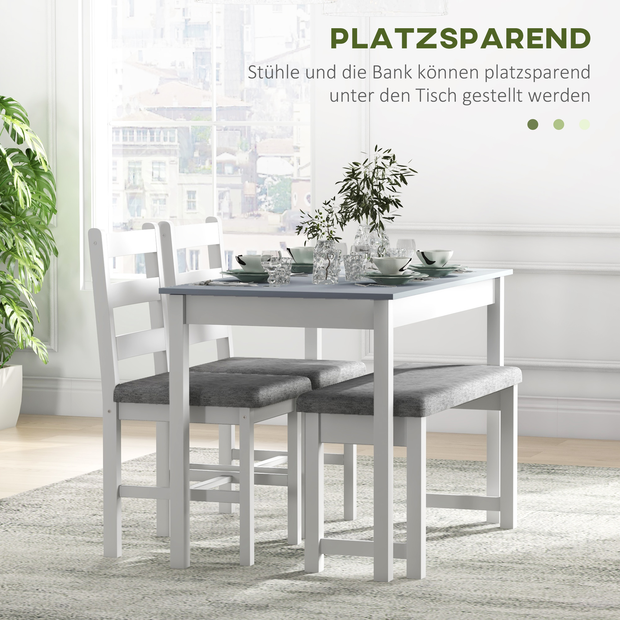 Sitzgruppe, 4-teiliges Esstisch-Set, 1 Tisch, 1 Bank, 2 Stühle, Grau + Weiß