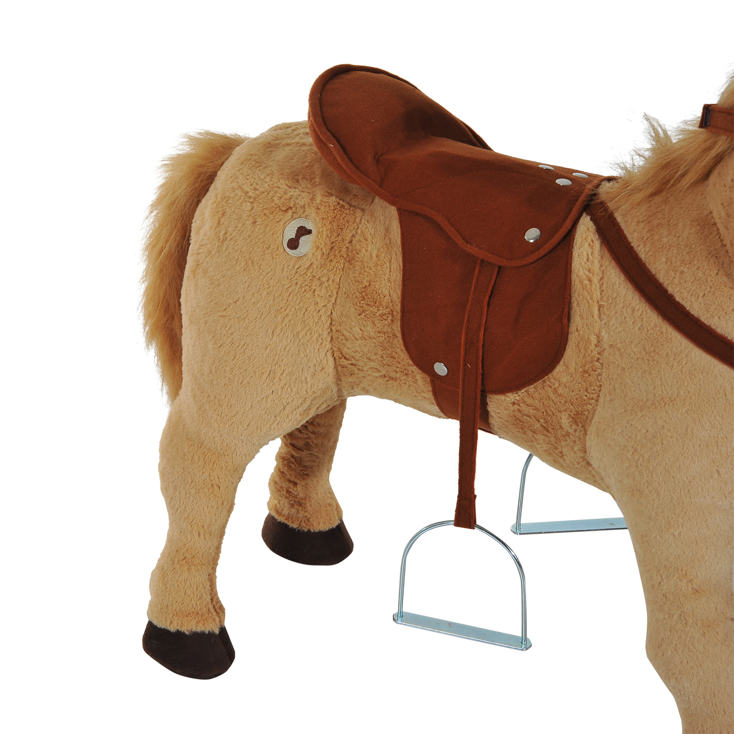 Reitpferd auf Rollen 60 cm Stehpferd mit Sattel, Zaumzeug Steigbügel Sound Spielpferd zum Reiten Draufsitzen Schaukeltier für Kinder ab 2 Jahre, Schaukelpferd Plüschpferd Indoor Outdoor Beige
