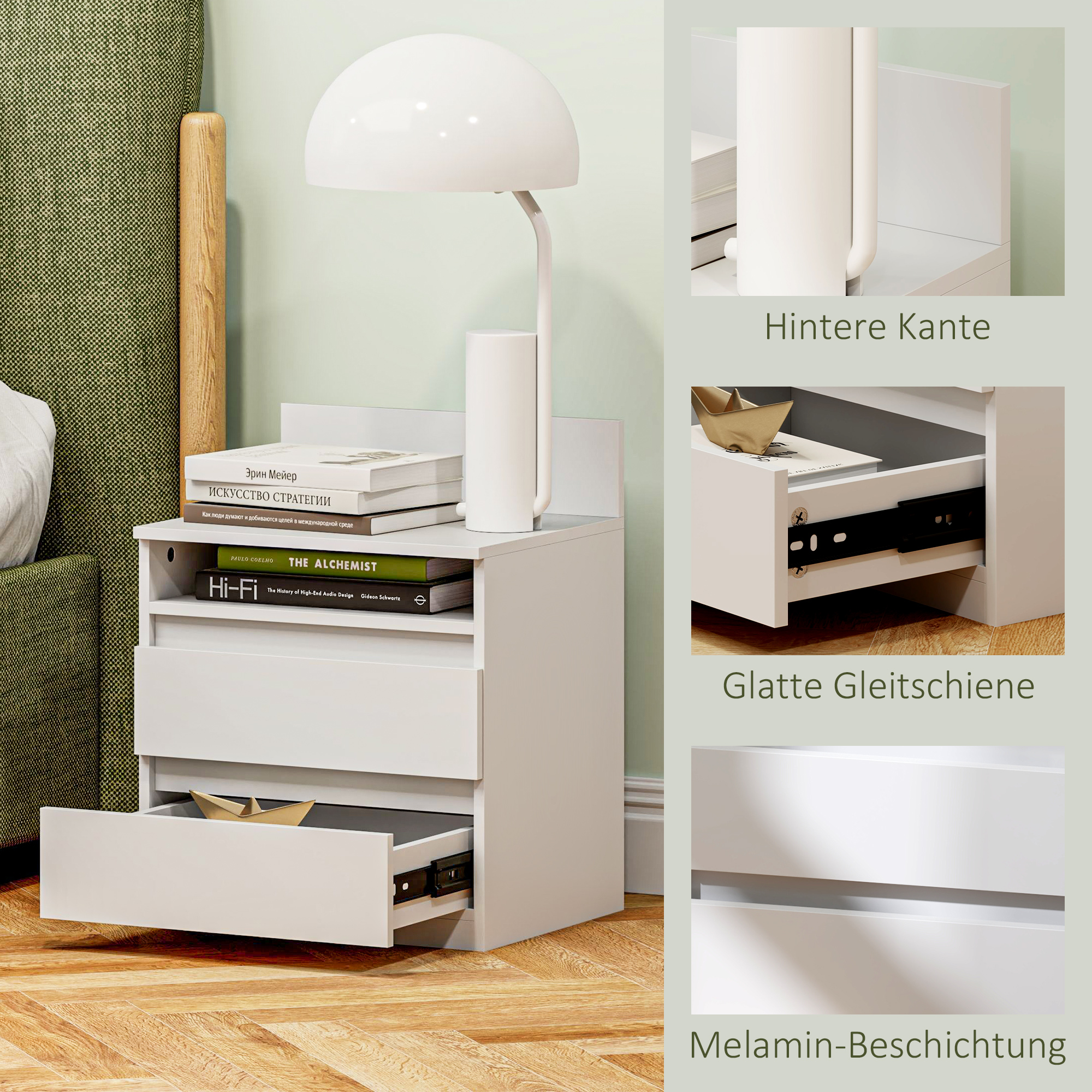 Nachttisch im 2er-Set mit Schubladen und Ablage, moderner Beistelltisch, für Schlafzimmer, Weiß