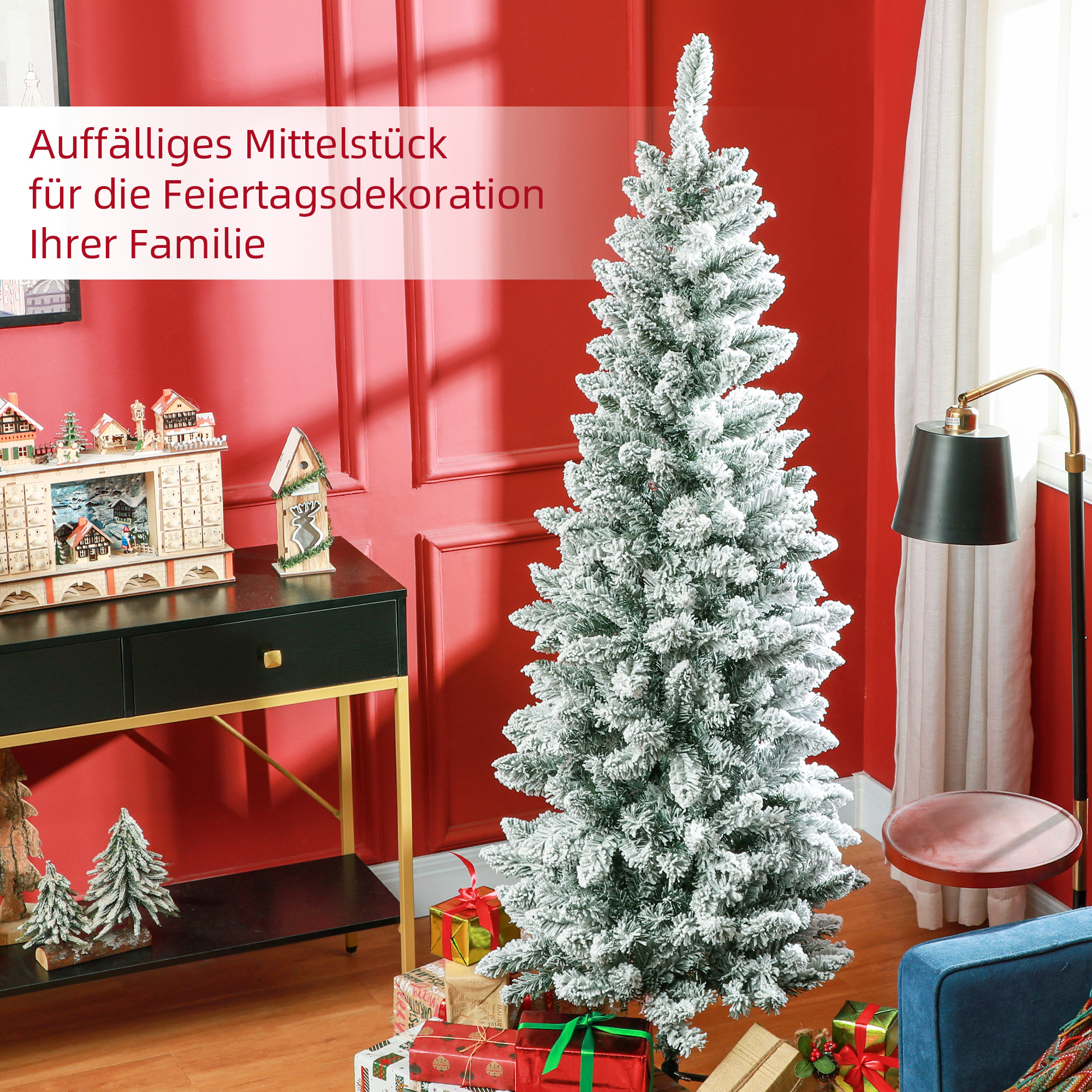 Weihnachtsbaum, schlanke Form, Kunstschnee, dreiteilig, flammhemmend, Metallfuß, 183 cm, Grün
