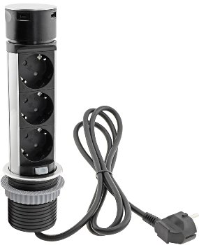 Schreibtisch-Einbausteckdose, rund Mini, versenkbar, Edelstahl, 3x Steckd,USB A+C