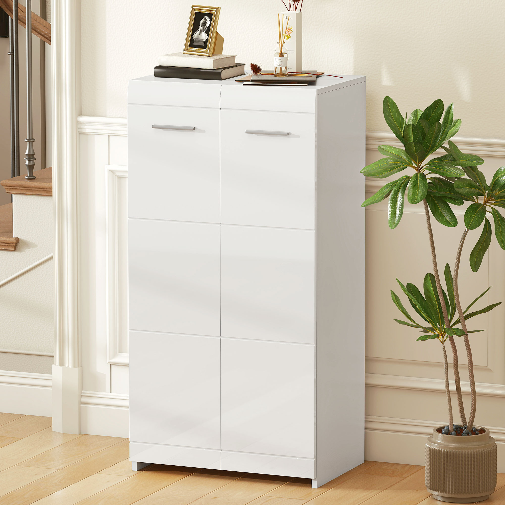 Schuhschrank in Hochglanz, Schuhaufbewahrung mit Verstellbaren Regalböden für Flur, Diele, Platz für 10 Paar, Weiß