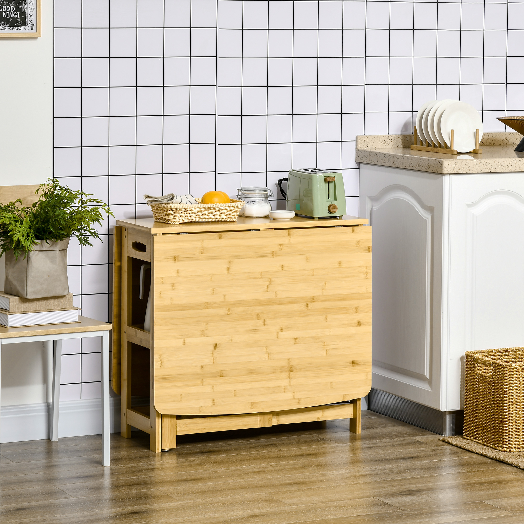 Klapptisch, Esstisch, zwei klappbare Seiten, zwei Ablagen, verstellbare Füße, Bambus, 149,5 x 80 x 73,5cm